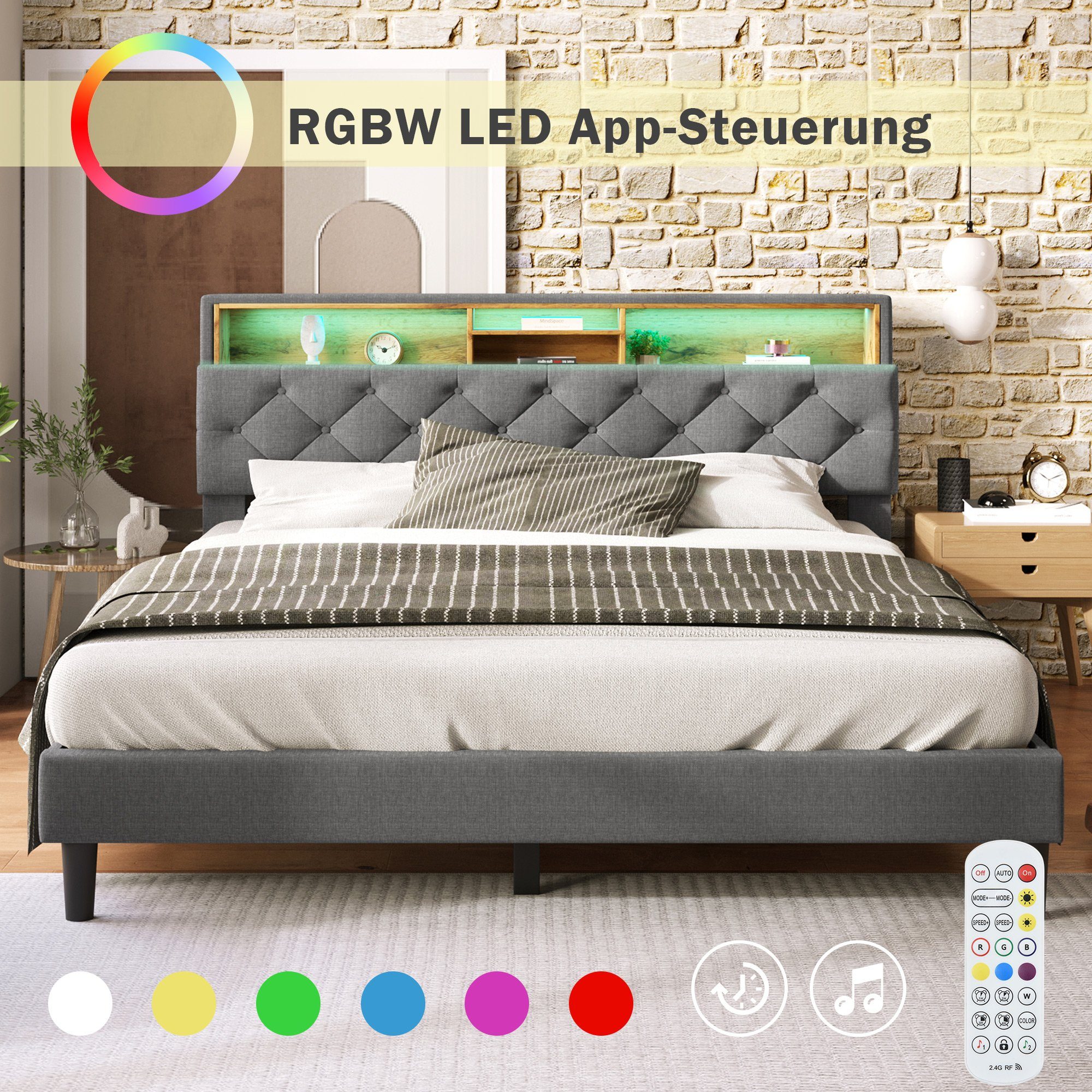 Ulife Polsterbett Doppelbett mit LED-Beleuchtung (Packung, 1 Bett), mit aufladen USB und LED-Beleuchtung Bettgestell