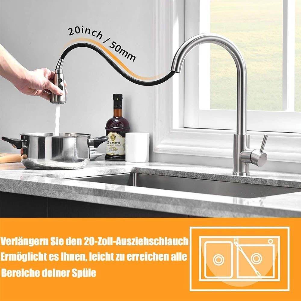 XERSEK Waschtischarmatur Hochdruck Wasserhahn Küche Ausziehbar, küchenarmatur 385mm (Hohe Bogenauslauf 360°schwenkbar, Mischbatterie küche Armatur, aus Edelstahl) 3 Strahlarten (Strahl/Sprüh/Pause)