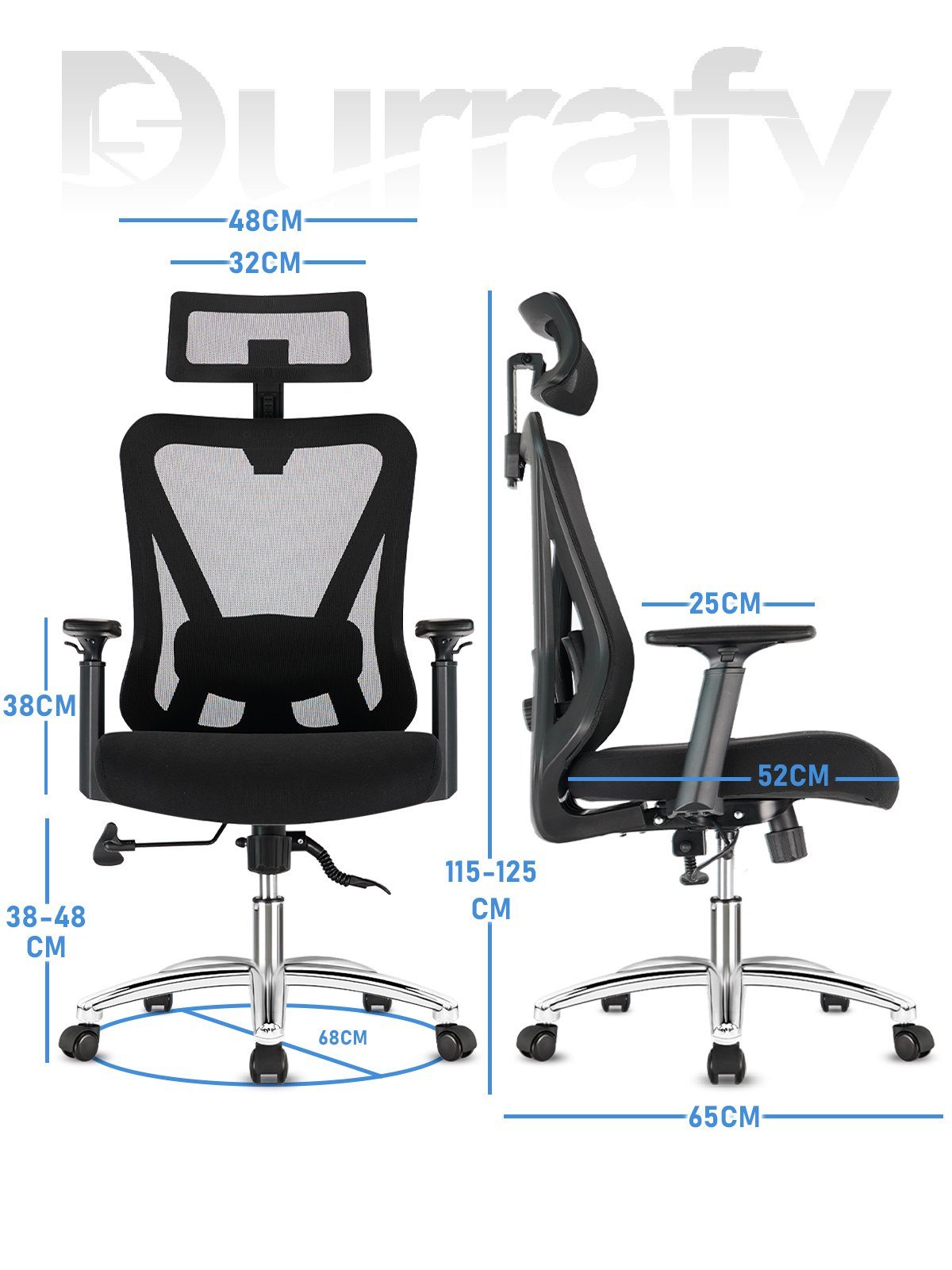 Durrafy Chefsessel Bürostuhl,Ergonomische Bürostühle,Schreibtischstuhl,Computerstuhl, Drehstuhl, Wippfunktion von 90° bis 130°, 150kg belastbar, leise Rolle
