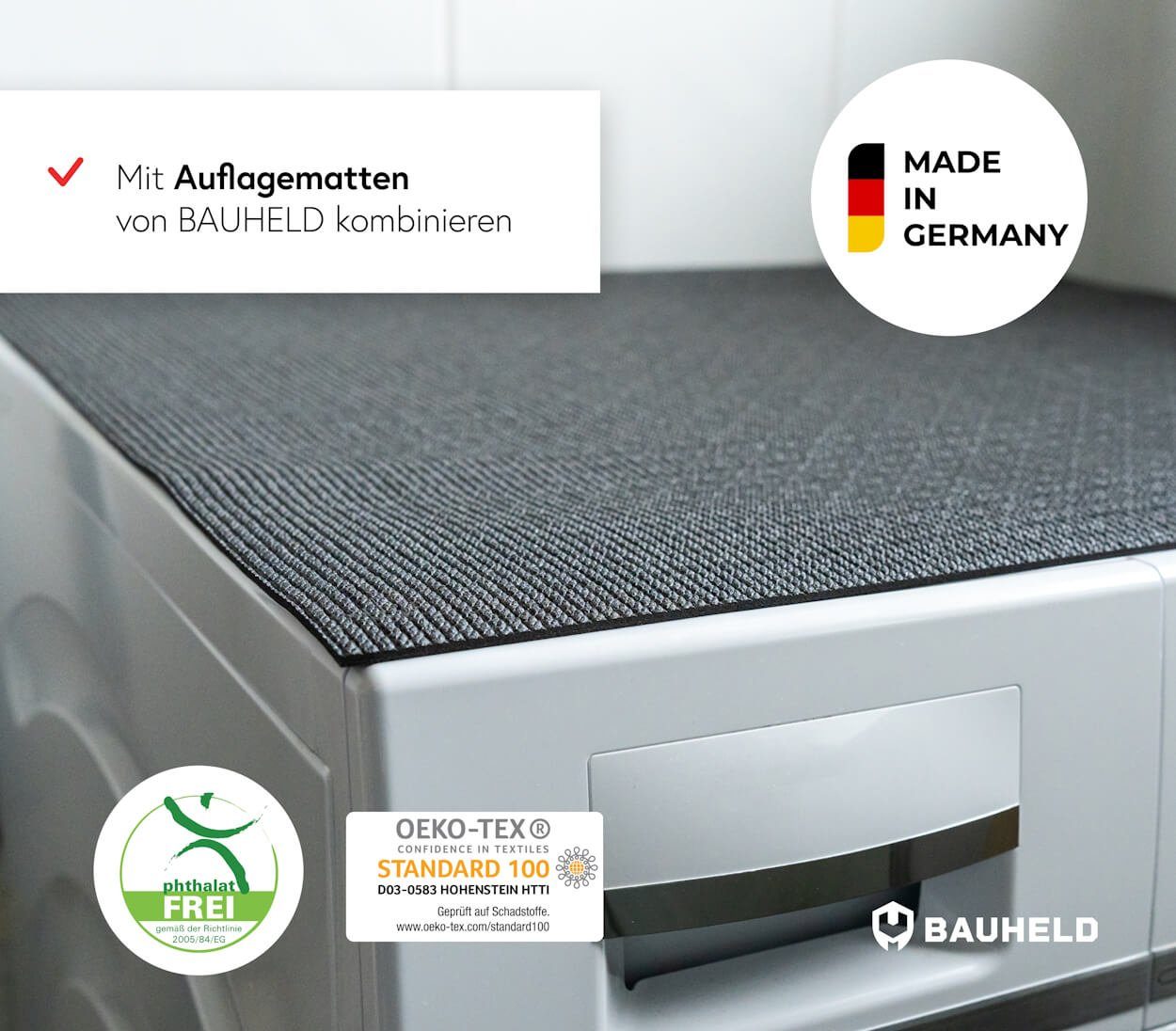 BAUHELD Untergestell Schwinungsdämpfer Waschmaschine, Zubehör für Miele, Midea, Siemens, Bosch, Haier, Beko, AEG, [Made in Germany] Vibrationsdämpfer Unterlegscheiben aus Hartgummi