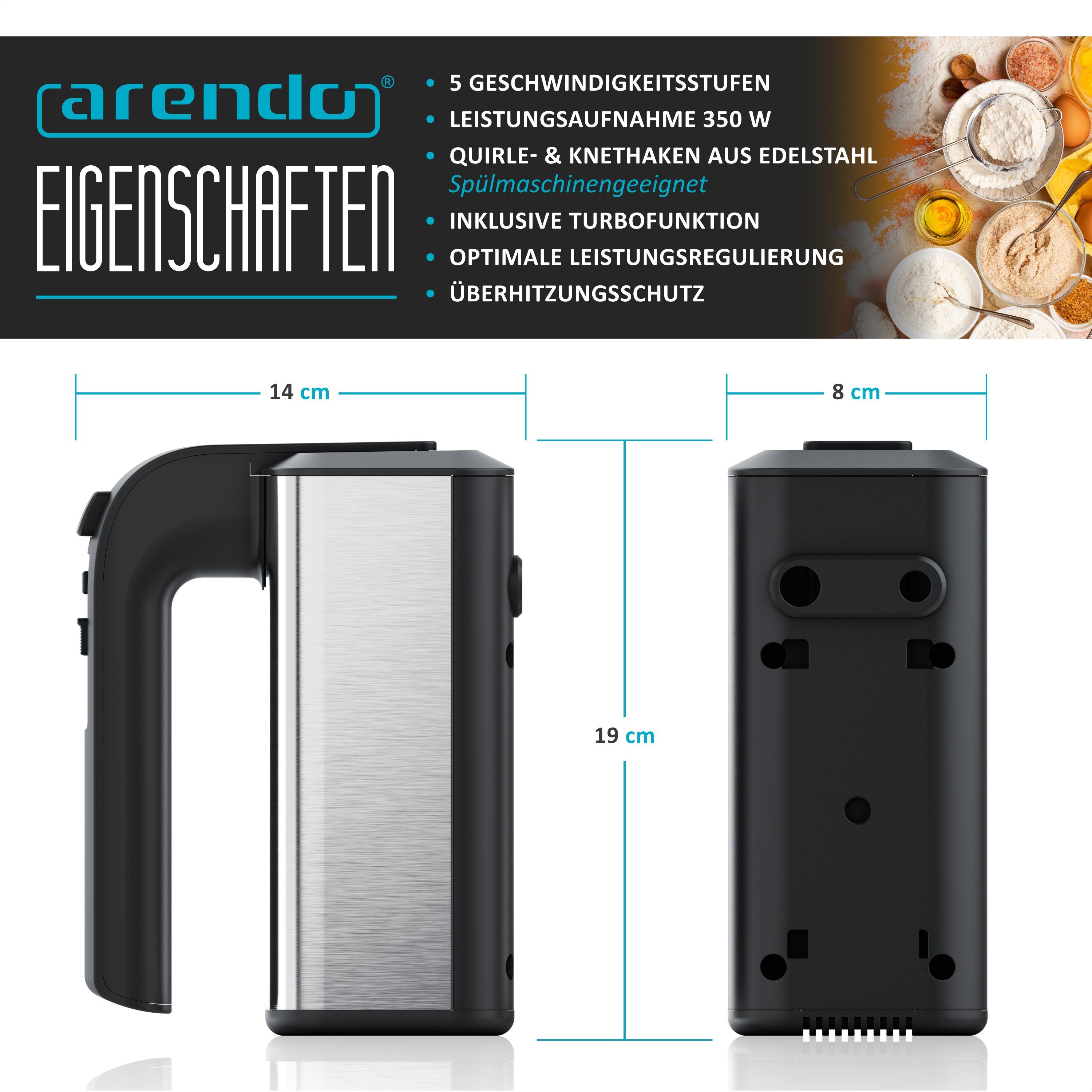 Arendo Handmixer, 350 W, Handrührgerät, 5 Geschwindigkeiten, inkl. 2 Rührbesen & 2 Knethaken