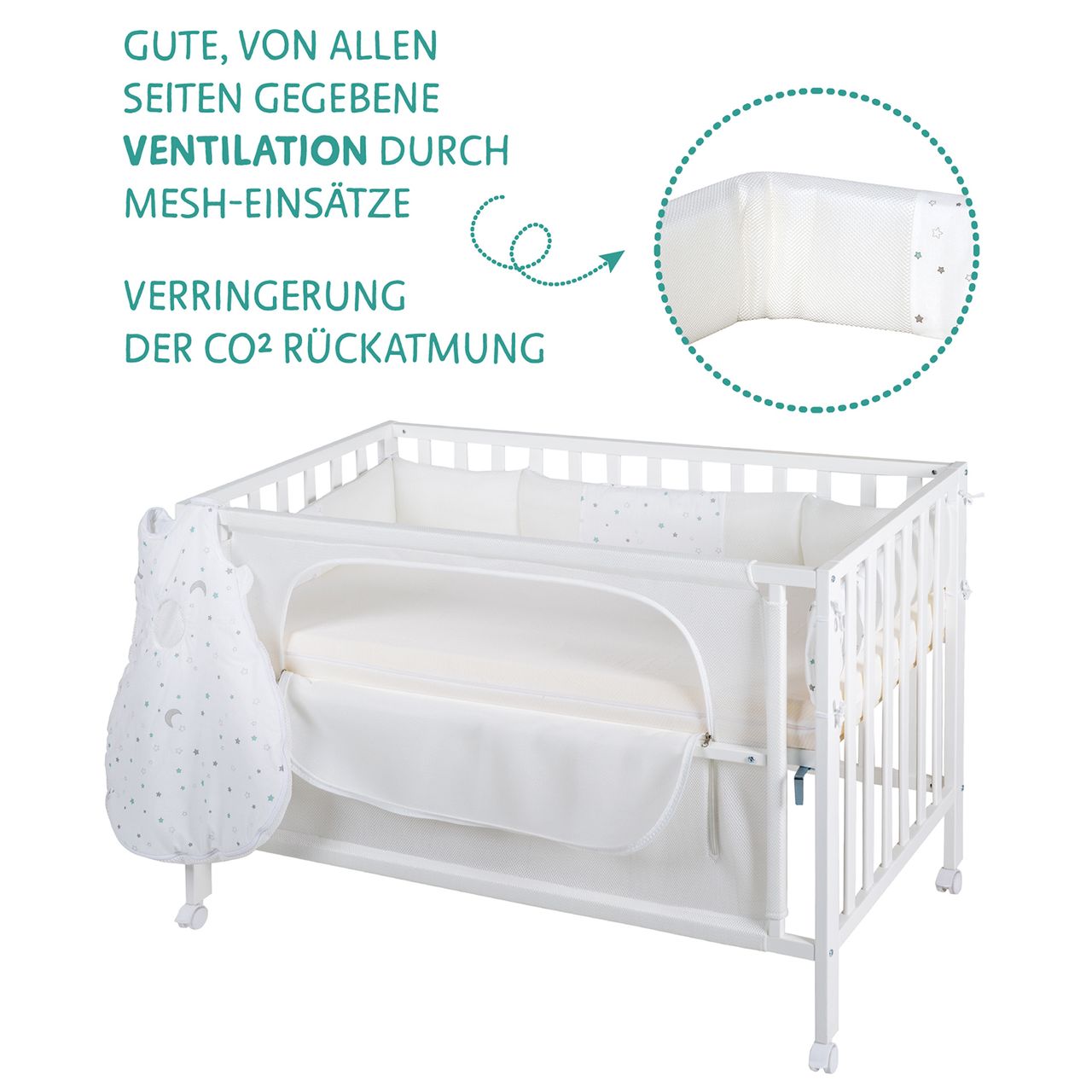 Roba safe asleepRoom Bed 60 x 120 cm 'Sternenzauber', Beistellbett inkl. Zubehör, weiß lackiert