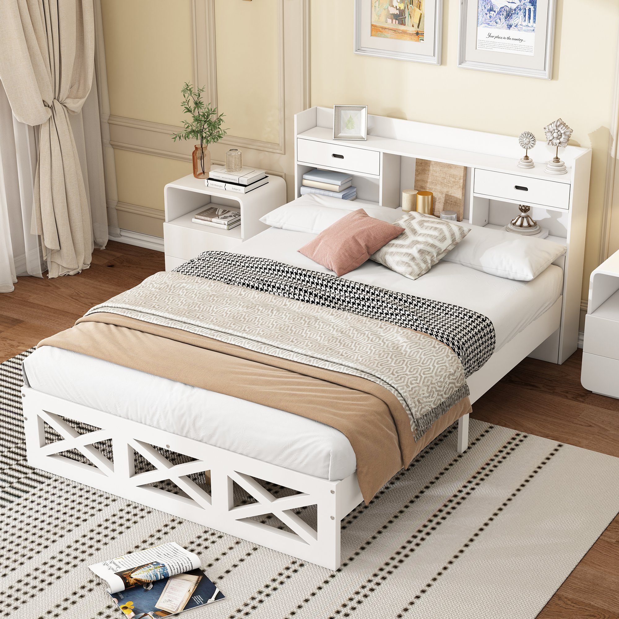 HAUSS SPLOE Holzbett Holzbett Doppelbett Bettgestell Kinderbett Gästebett (mit Holz Lattenroste und Aufbewahrungsfunktion, Kopfteil mit Stauraum), 140*200 cm, Weiß