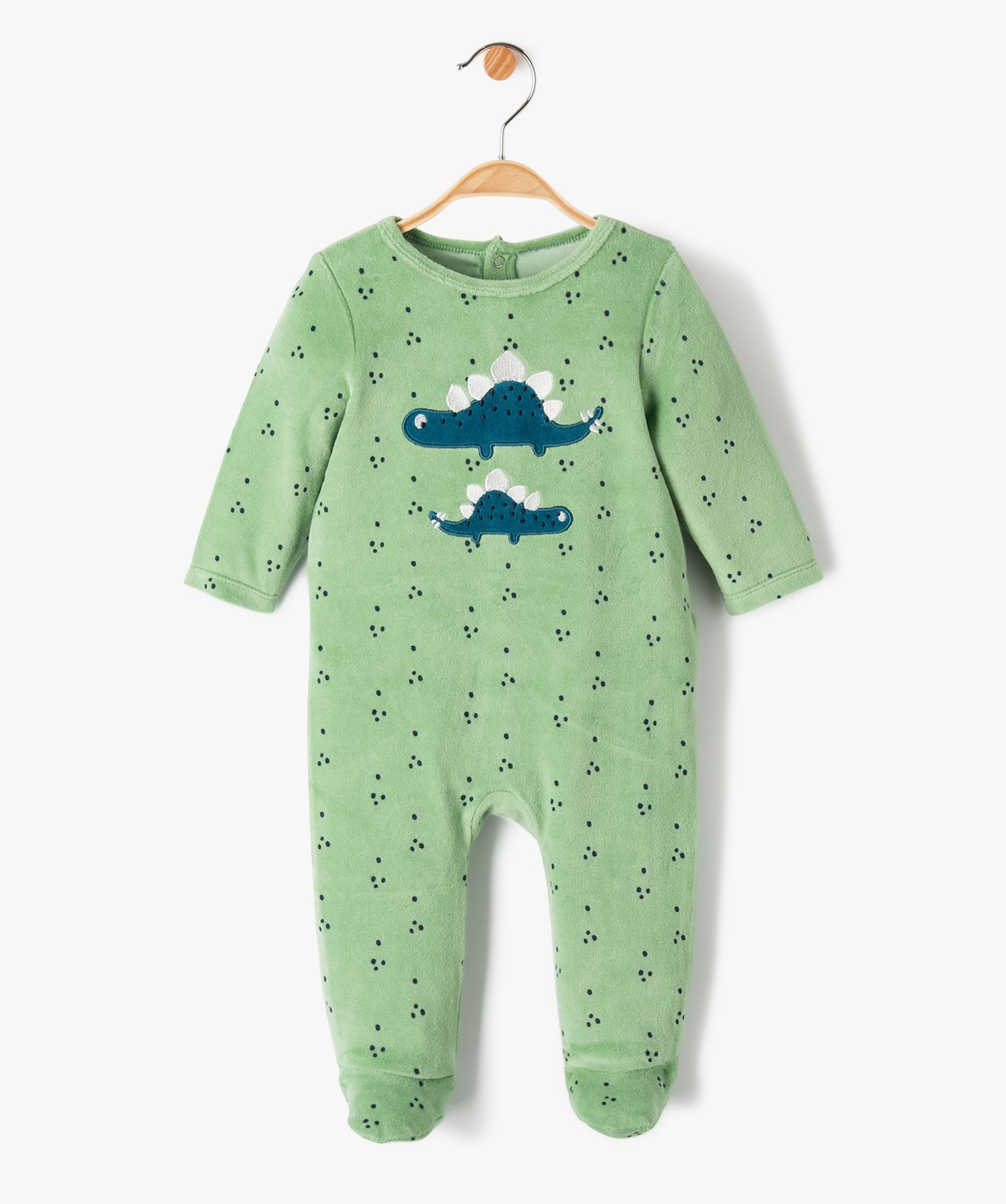 Pyjama bébé en velours imprimé dino avec ouverture pont-dos vert | GEMO
