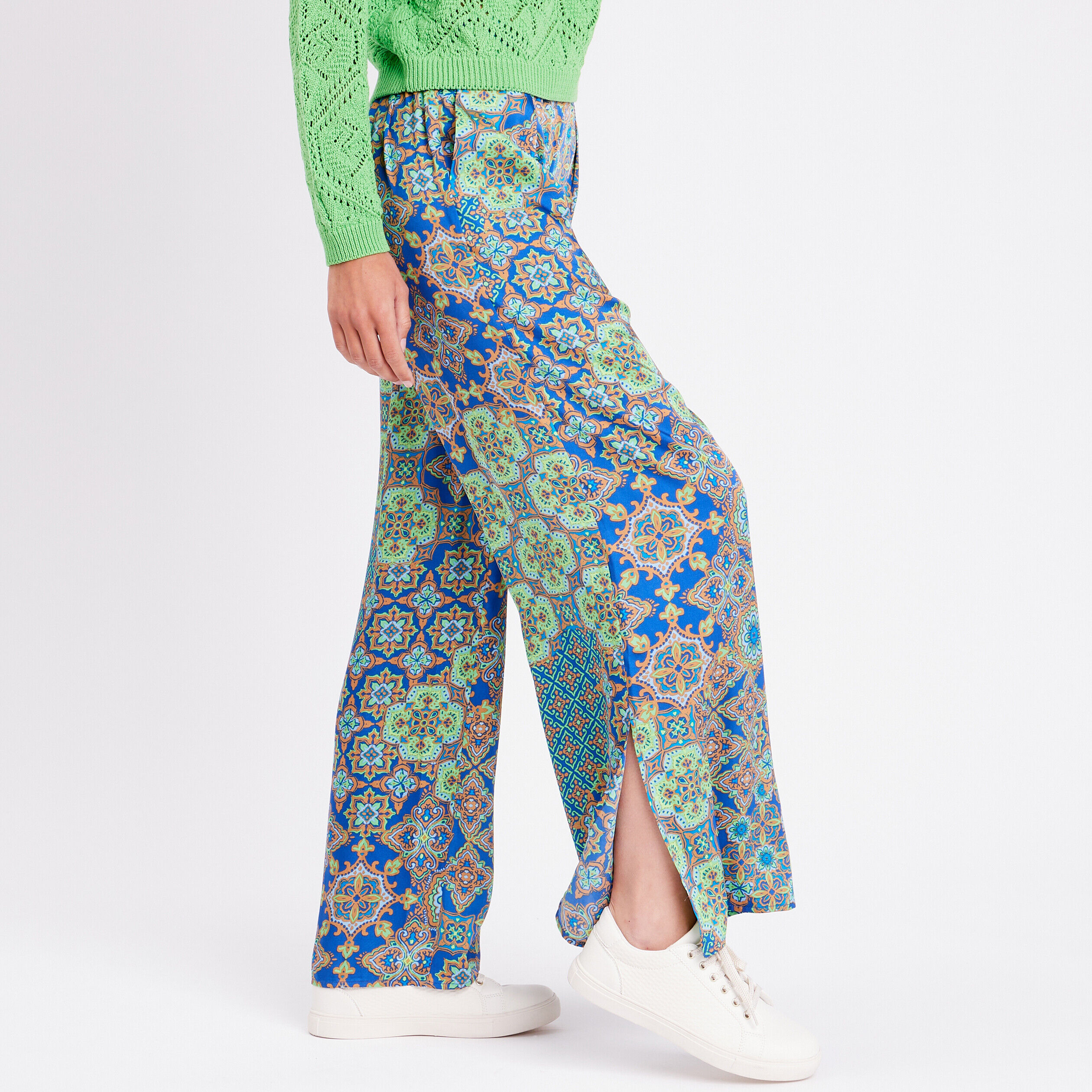 Pantalon large fendu satin bleu roi femme | Cache Cache