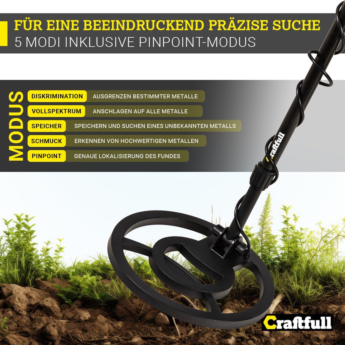 Craftfull Metalldetektor Metallsuchgerät Detector Komplettset XPlorer Pro inkl. Transporttasche, mit Gürtel-Tasche, Sondeln bis 30 cm Tiefe, 5 Modi, großes LCD-Display