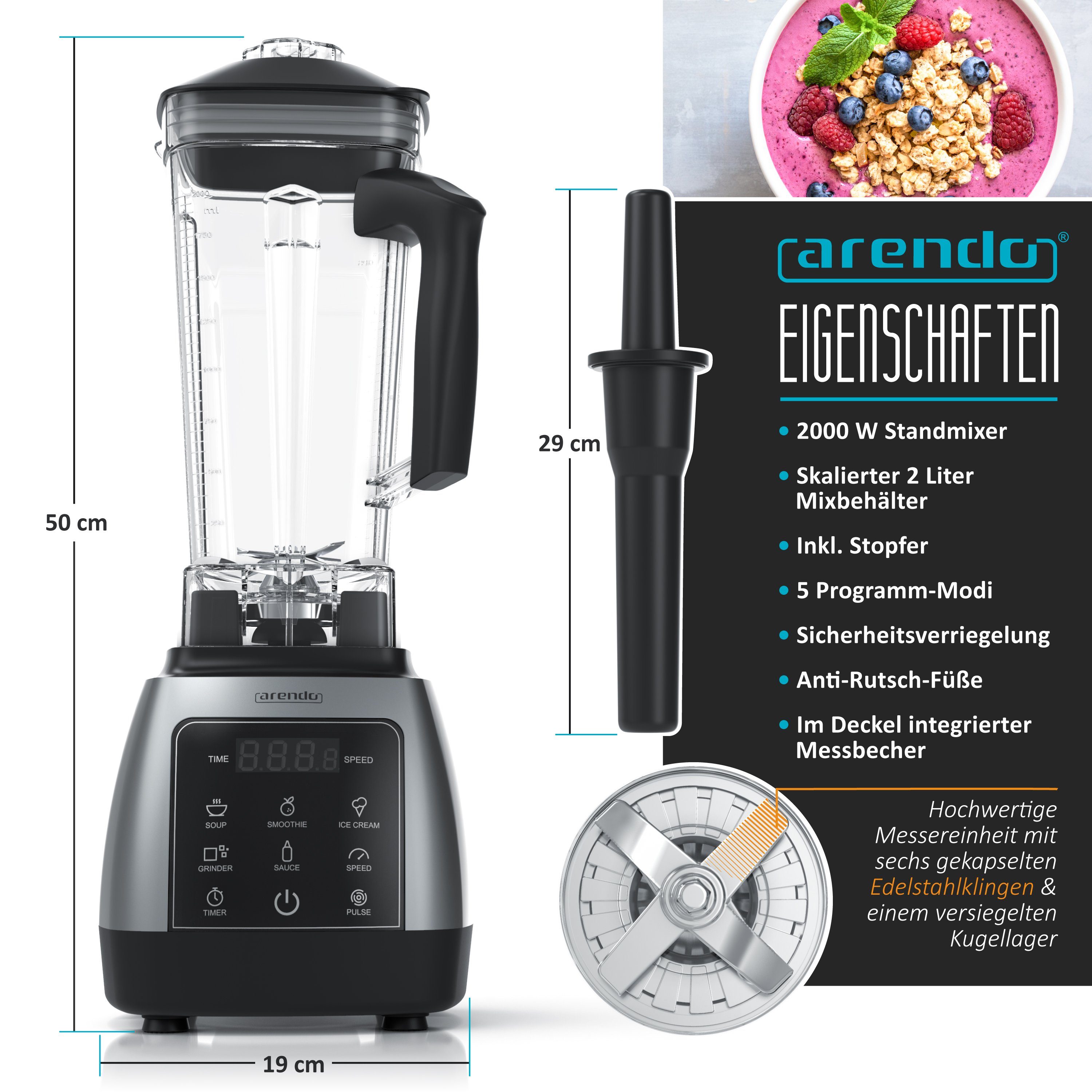 Arendo Standmixer, 2000 W, Mixer mit 2l Mixbehälter, Touchpanel, 24.000 U/min, Timer, 5 Programme
