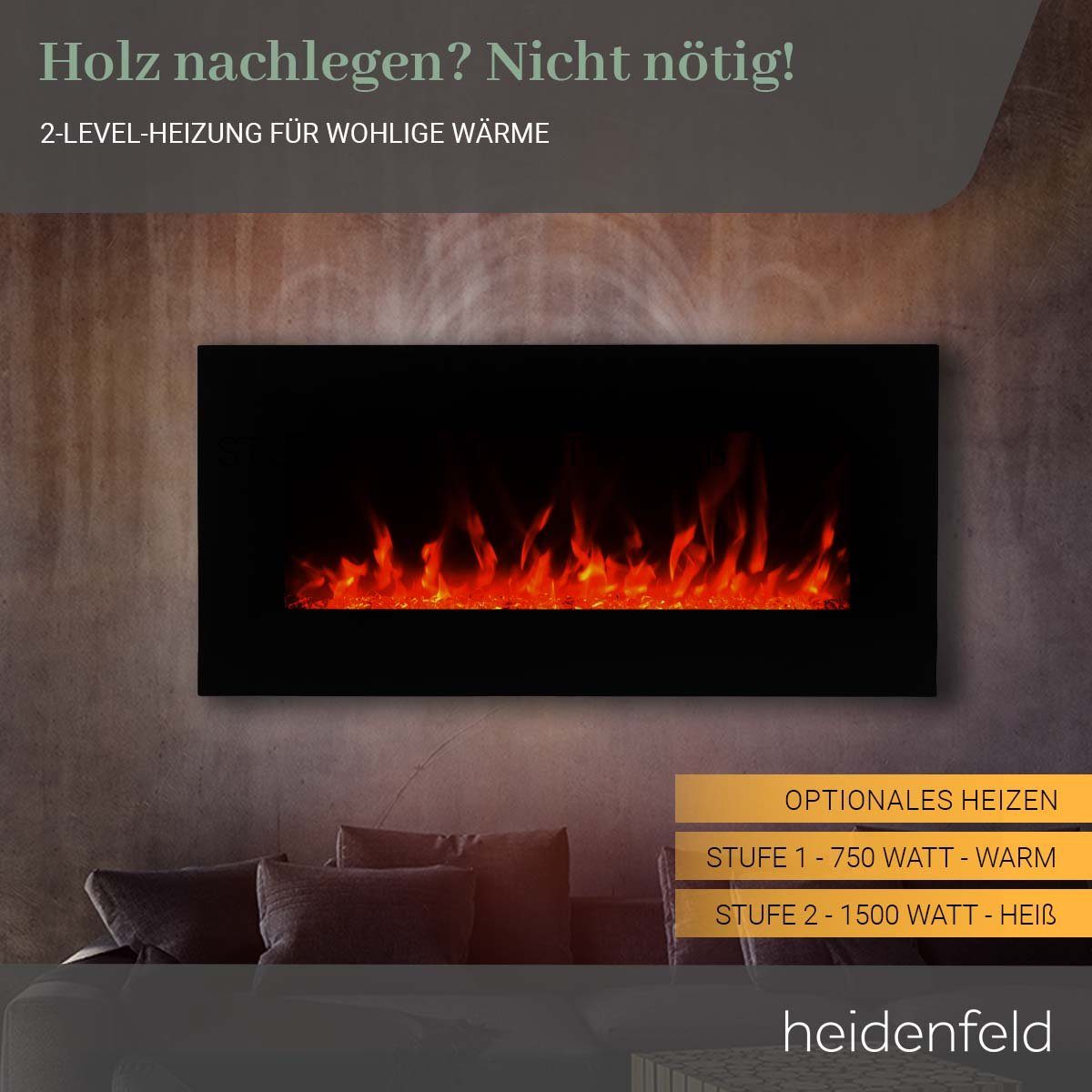 Heidenfeld Elektrokamin Kamin Heizung Wandkamin HF-WK500 750/1500 Watt inkl. 3 J. Garantie LED, 3D Flammen - Bluetooth Lautsprecher - Fernbedienung - Elektroheizung