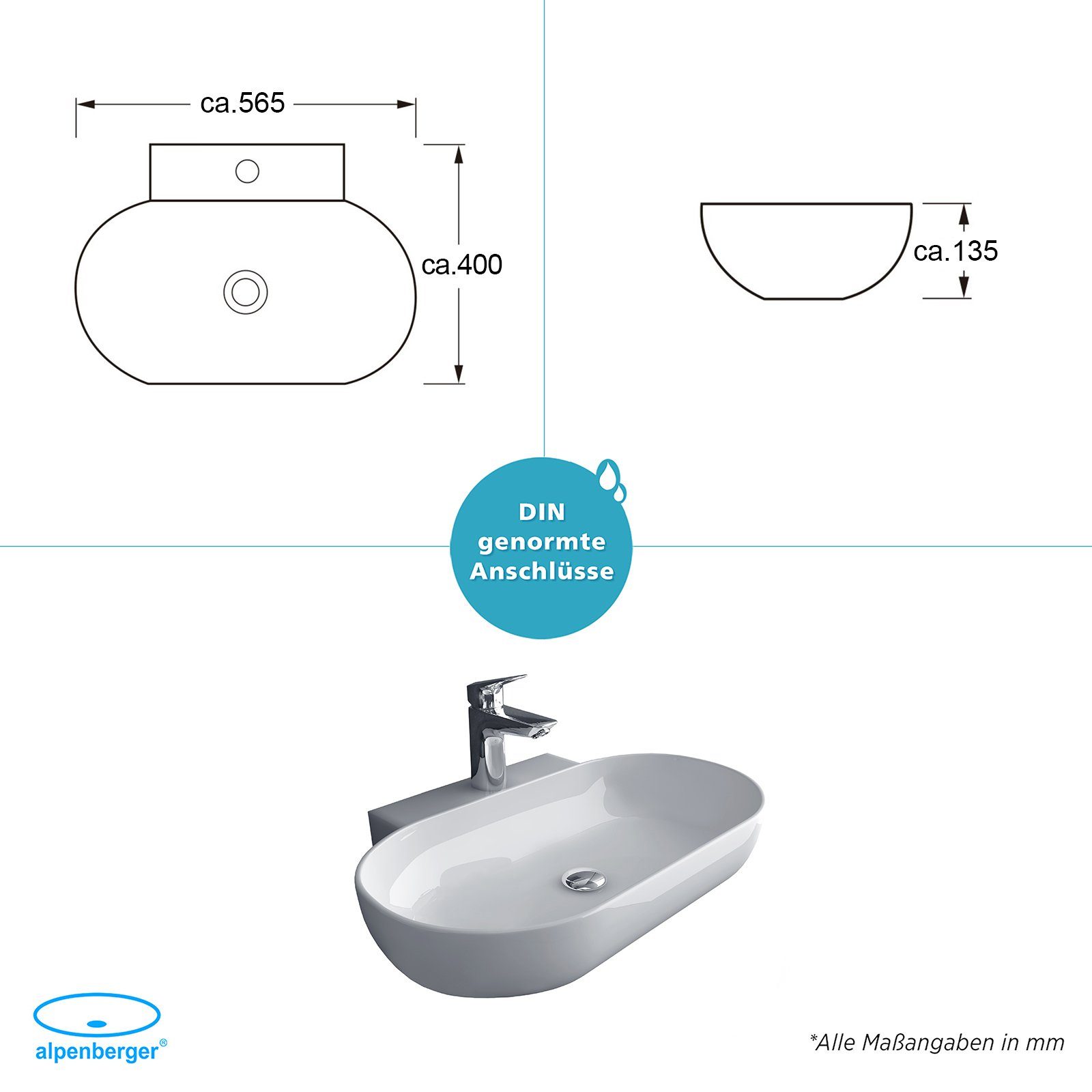 Alpenberger Waschbecken Ovaler Waschtisch in Weiß, hygienisch mit Nano Beschichtung (1-tlg., Keramik Handwaschbecken), Lotus Effekt, pflegeleicht, modernes Design