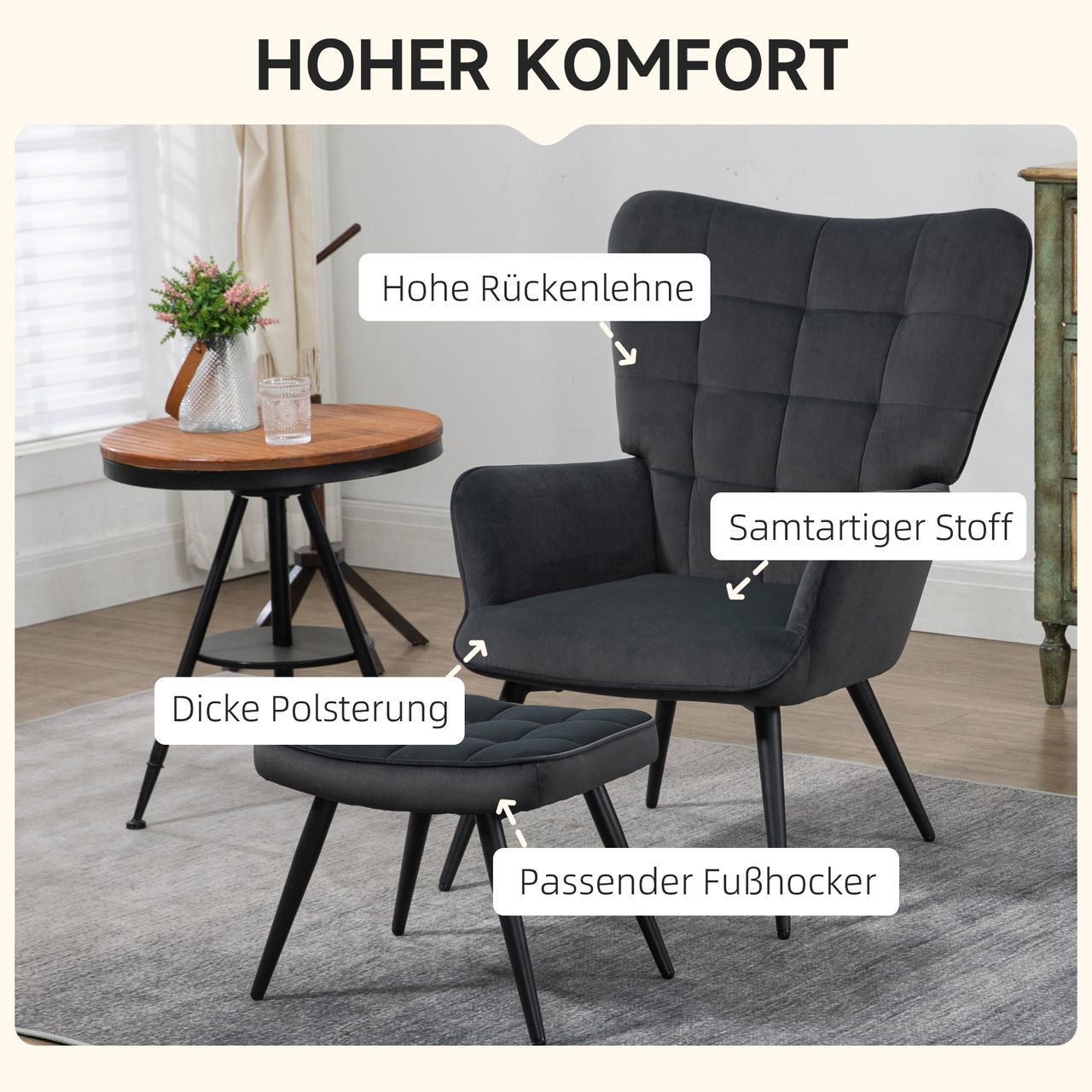 HOMCOM Ohrensessel mit Hocker, Relaxsessel, Loungesessel mit Samtoptik