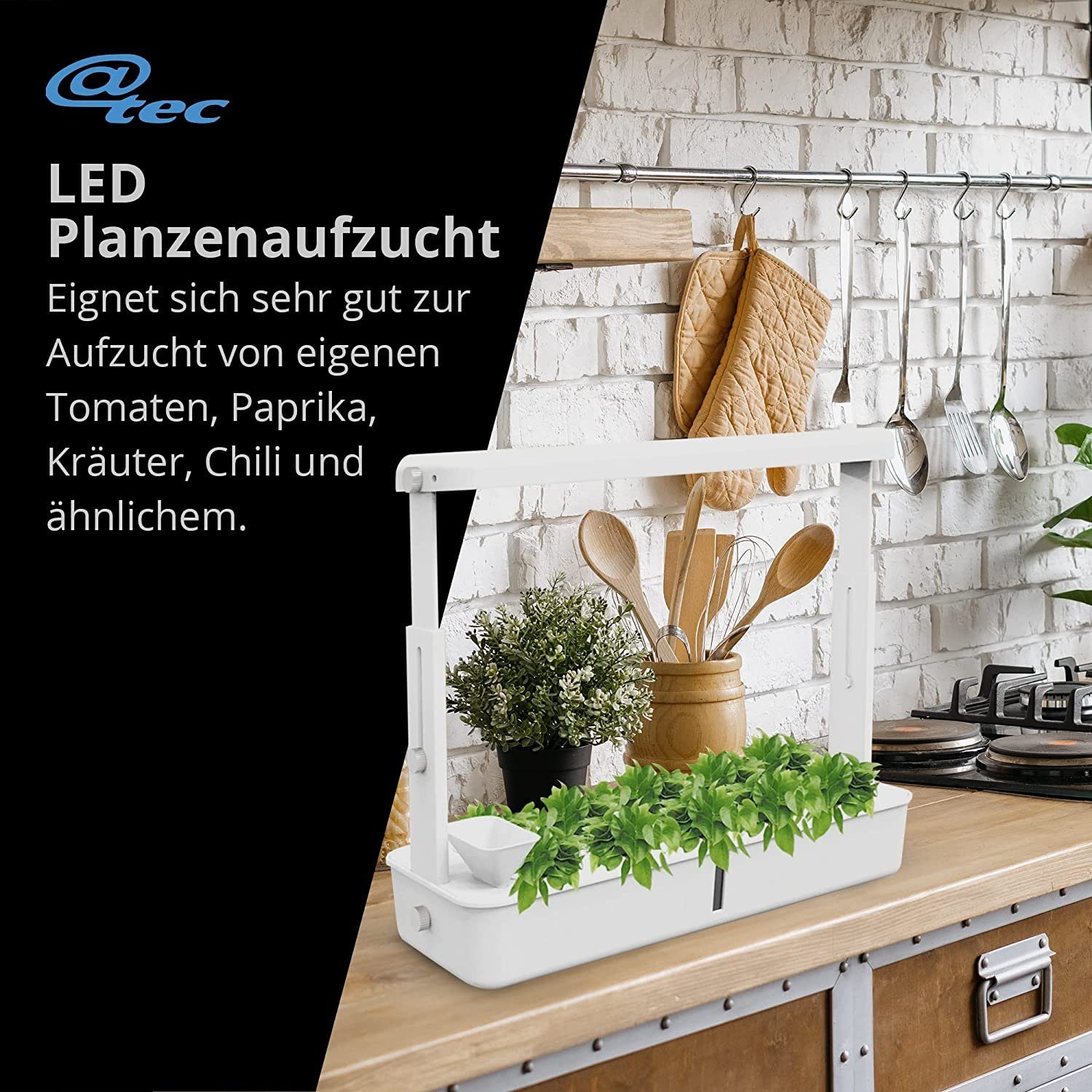 @tec Gewächshaus Mini Pflanzenaufzuchtstation, Zimmergewächshaus, Anzuchtkasten, ideal für Kräuter & Pflanzen, mit LED-Beleuchtung & Bewässerung, inkl. Anzuchttöpfe für 10 Setzlinge, ca. 48x18 cm