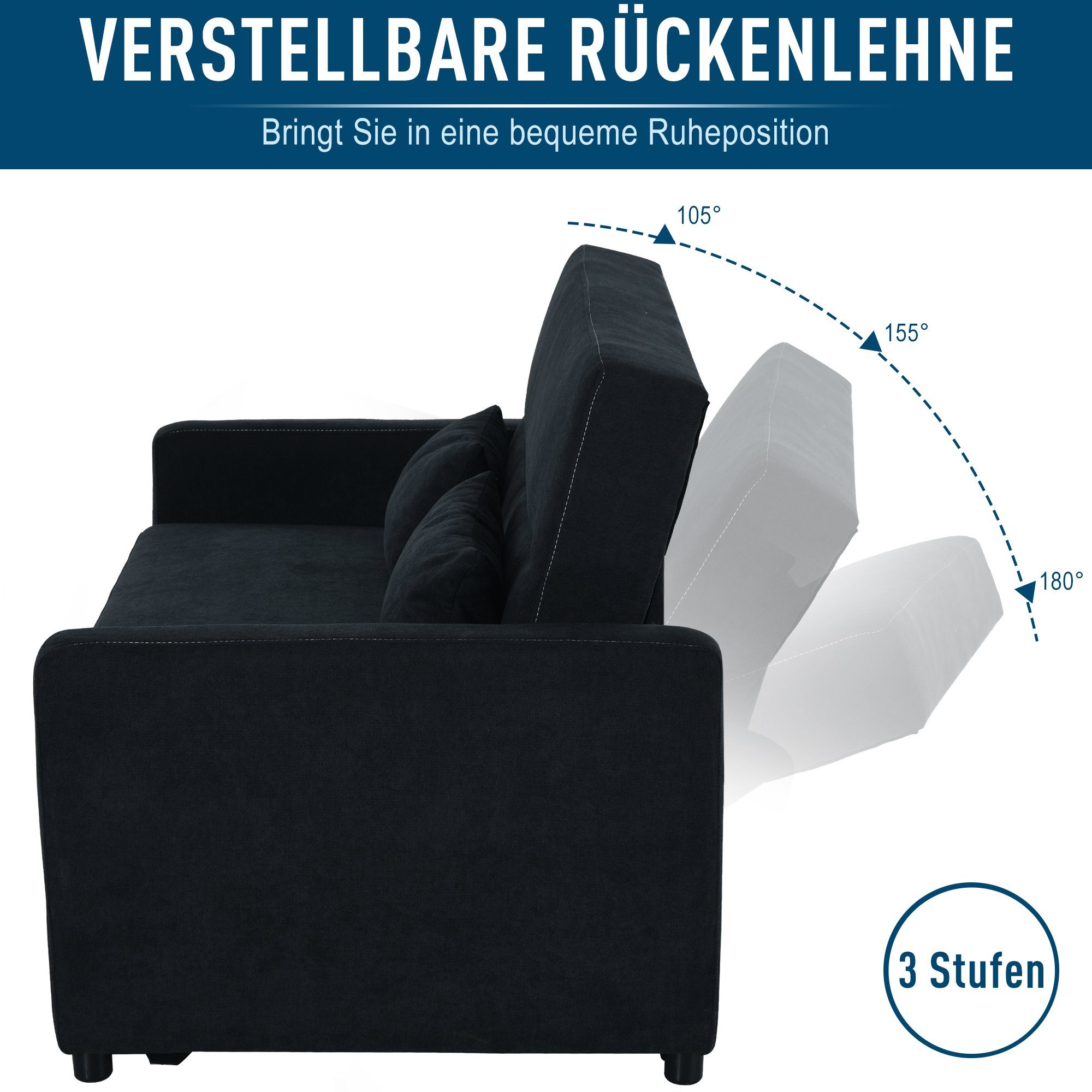 HOMCOM Schlafsofa, Set 1 Teile, Schlafsofa Chaiselongue 2-Sitzer Stoffsofa Sofagarnitur Schwarz