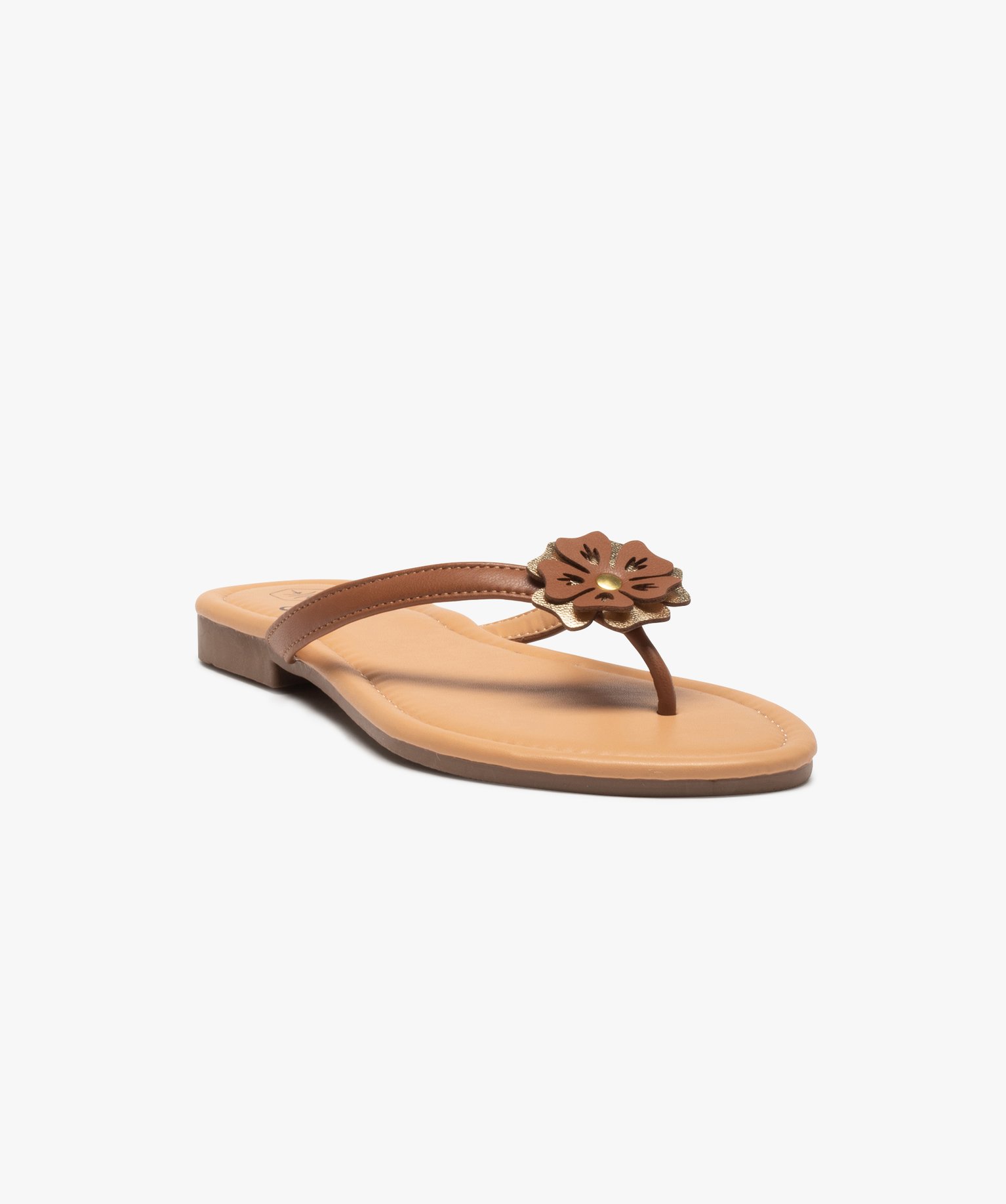 Tongs femme à petit talon plat et fleur sur l’entre-doigts marron | GEMO