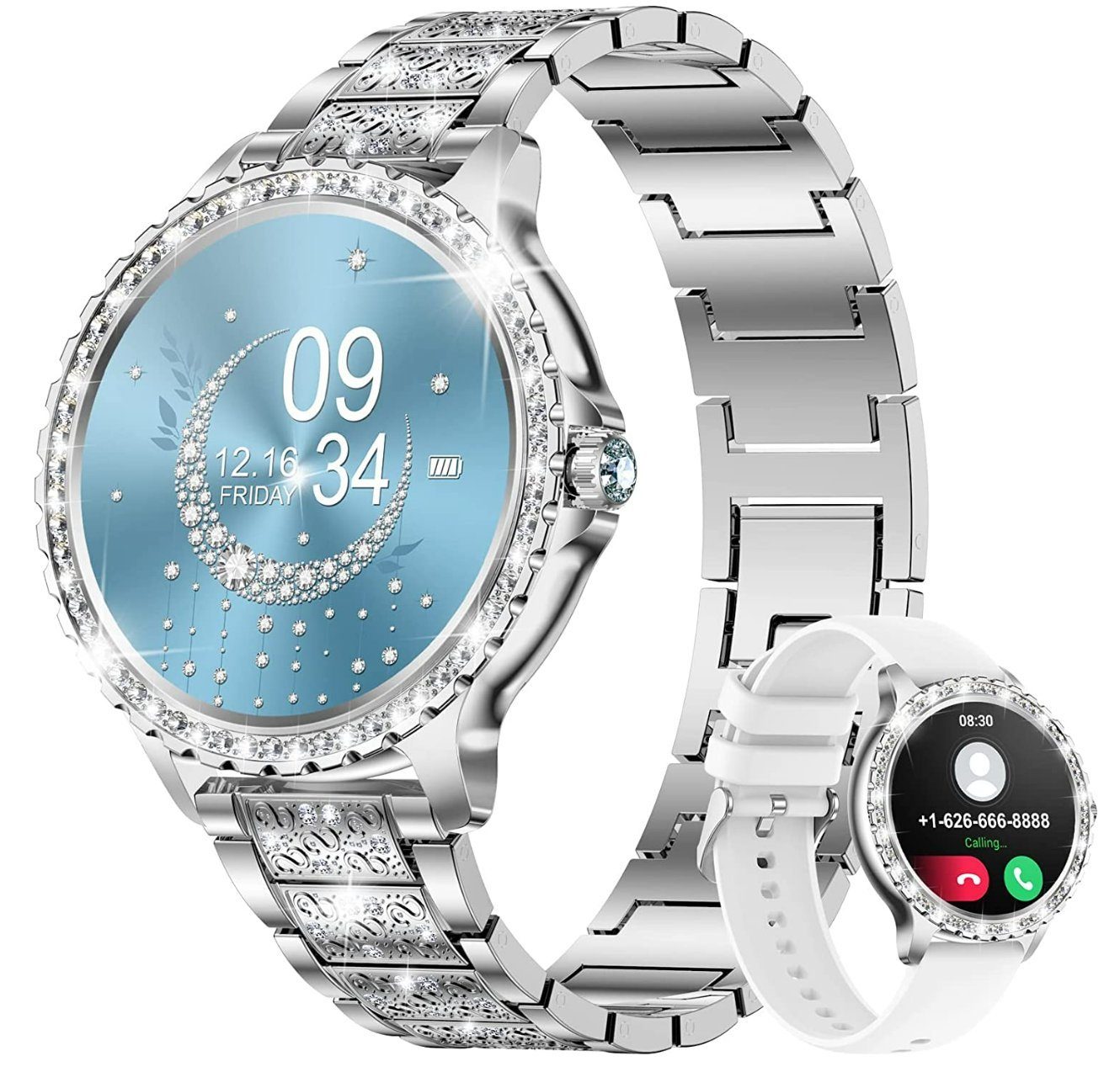 Lige Smartwatch, Damen Elegant Mit Telefonfunktion Wasserdicht Rund Silber Smart Watch
