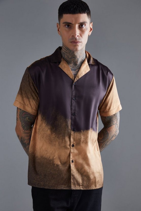 Kurzärmliges Oversize Satin-Hemd mit Farbverlauf