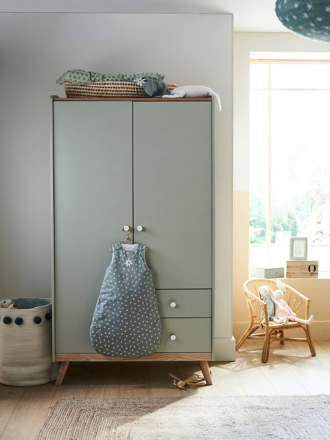 Vertbaudet Kinder Kleiderschrank KONFETTI, 2 Türen - graugrün