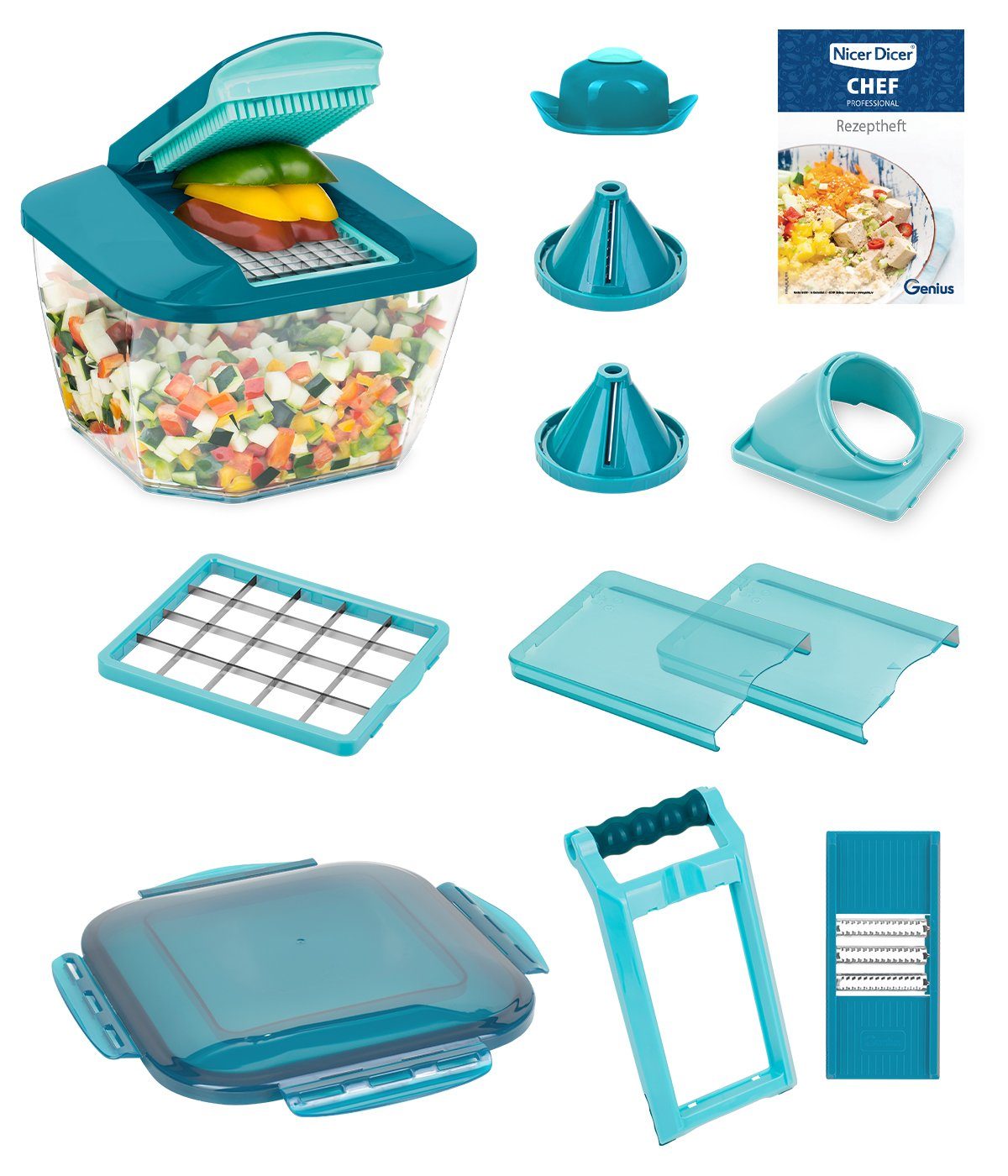 Genius Gemüseschneider Nicer Dicer Chef Professional, Set 15-tlg. Gemüseschneider, 5.2L Behälter Deckel Gemüsehobel