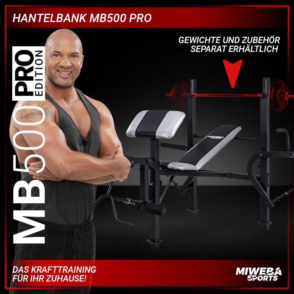 Miweba Sports Hantelbank 40in1 Profi Fitness Trainingsbank MB500 Pro - höhenverstellbar, (Anti Rutsch Griffe, Federverschluss, Rückenpolster & Sitzpolster, wasserabweisend, Kraftstation, Schrägbank, Workout, Krafttraining, Hanteltraining, Fitnessgerä