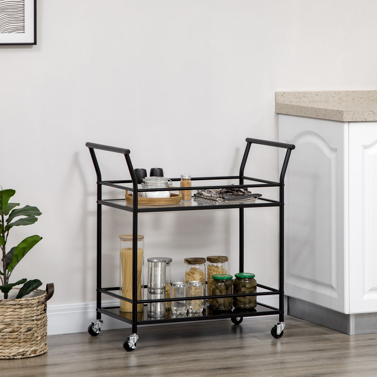 HOMCOM Küchenwagen, Rollwagen, Servierwagen mit 2 Ablagen, Trolley, Beistellwagen auf Rollen, Aufbewahrungswagen für Küche, Metall, Schwarz, 75 x 40 x 80 cm