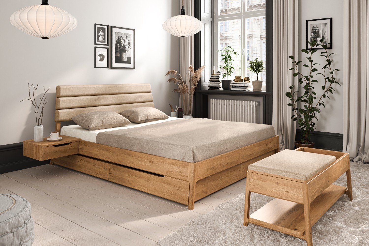 byoak Massivholzbett TWIG 2 mit Polsterkopfteil 90x200 aus Wildeiche Naturgeölt