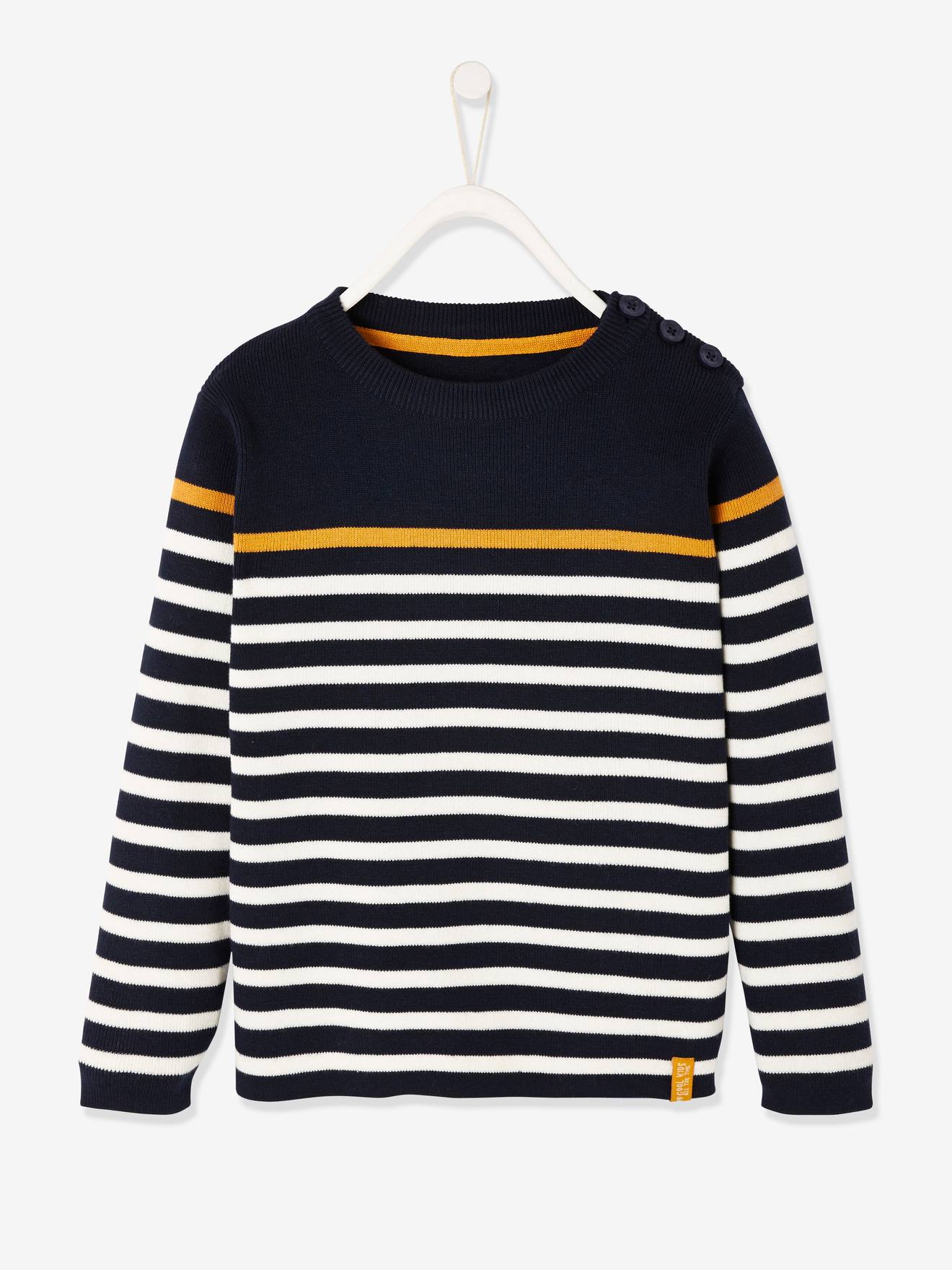 Pull marin garçon ivoire rayé rouge et marine
