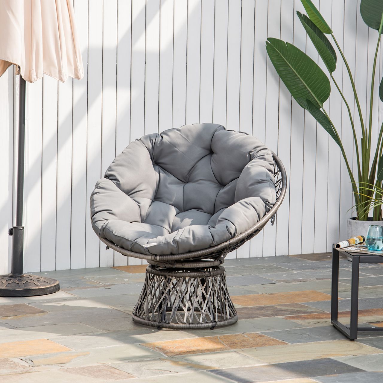 Outsunny Papasansessel Korbsessel Sessel mit Polster 360 Grad Rattan Grau