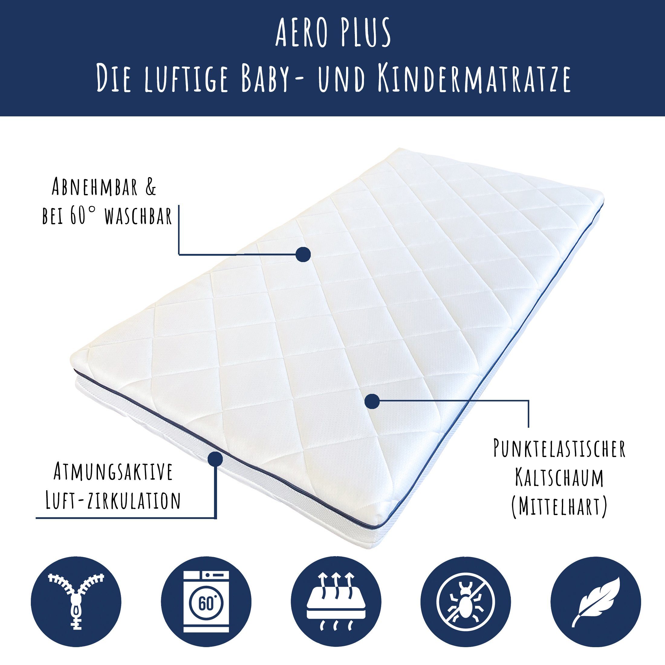 Kindermatratze AERO PLUS mit Ventilationsstreifen 60x120 70x140 80x160 80x180 90x200, Kids Collective, 10 cm hoch, Babymatratze Matratze für Babybett oder Kinderbett 120x60