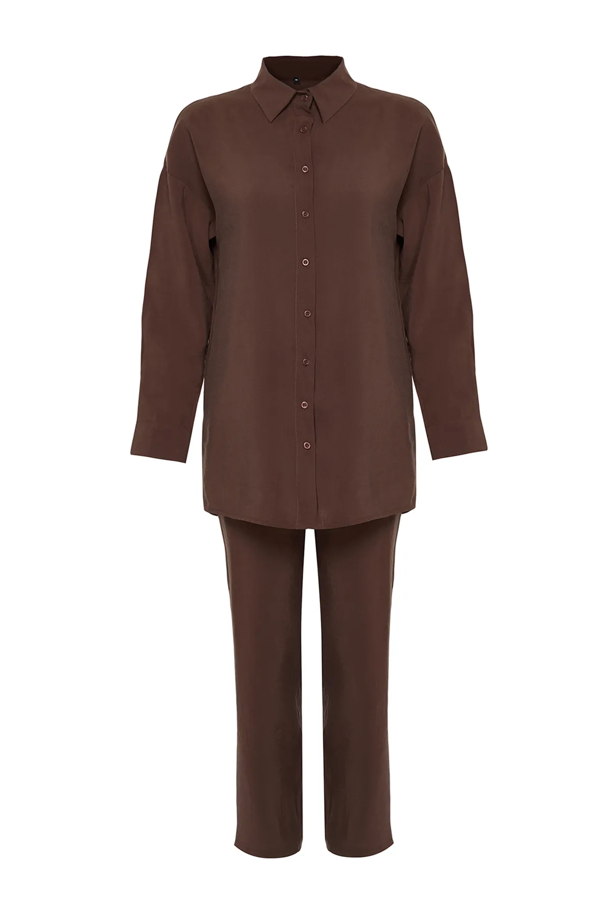 Trendyol Modest  Braunes Modalgewebe-Set aus gewebtem Unterteil, Oberteil, Hemd und Hose TCTSS24US00058