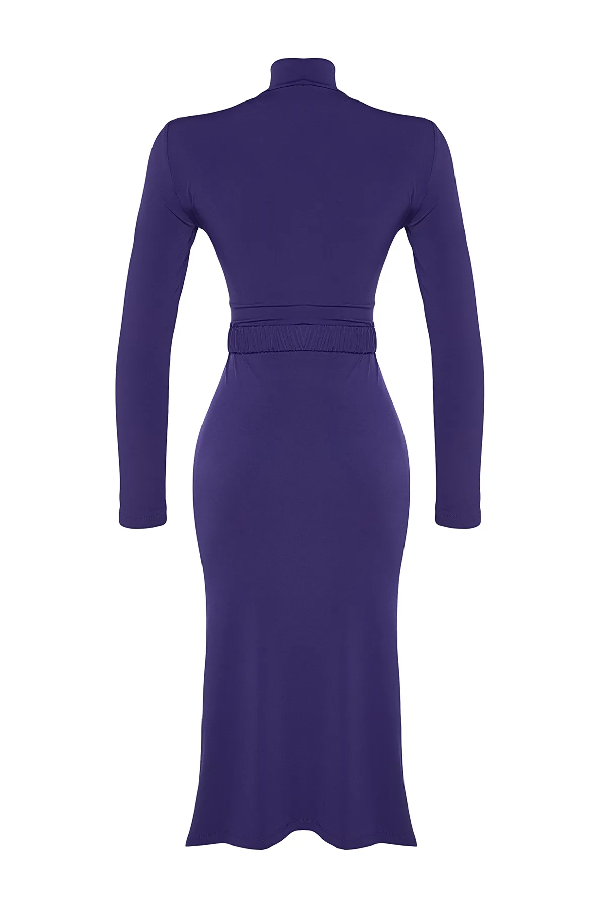 Trendyol Collection  Dunkellila, figurbetontes, hochgeschlossenes, drapiertes Strickkleid mit Gürtel TWOAW22EL0434