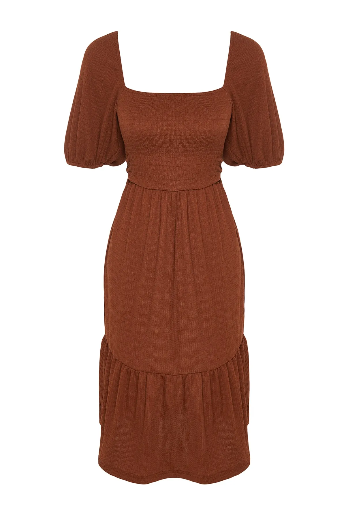 Trendyol Collection  Braunes Midi-Pullover-Strickkleid mit offener Taille/Skater-Strickkleid mit quadratischem Ausschnitt und Ballonärmeln TWOSS22EL1088