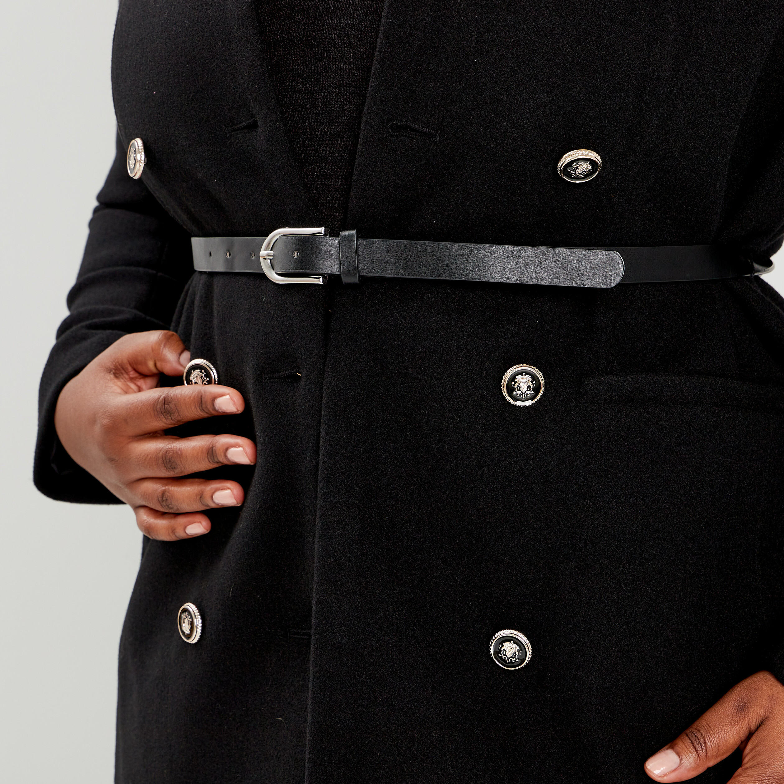 Manteau esprit officier droit ceinturé noir femme grande taille | La Halle