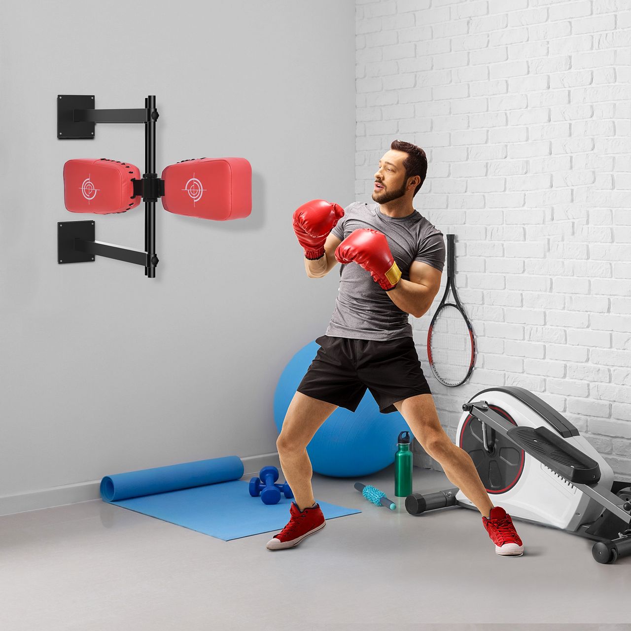 HOMCOM Schlagpolster drehbar Wandmontage Reflex Bar Punching Boxing Pad für Training Schlagkissen Kickschild Stahl Kunstleder Rot 82 x 65 x 14 cm