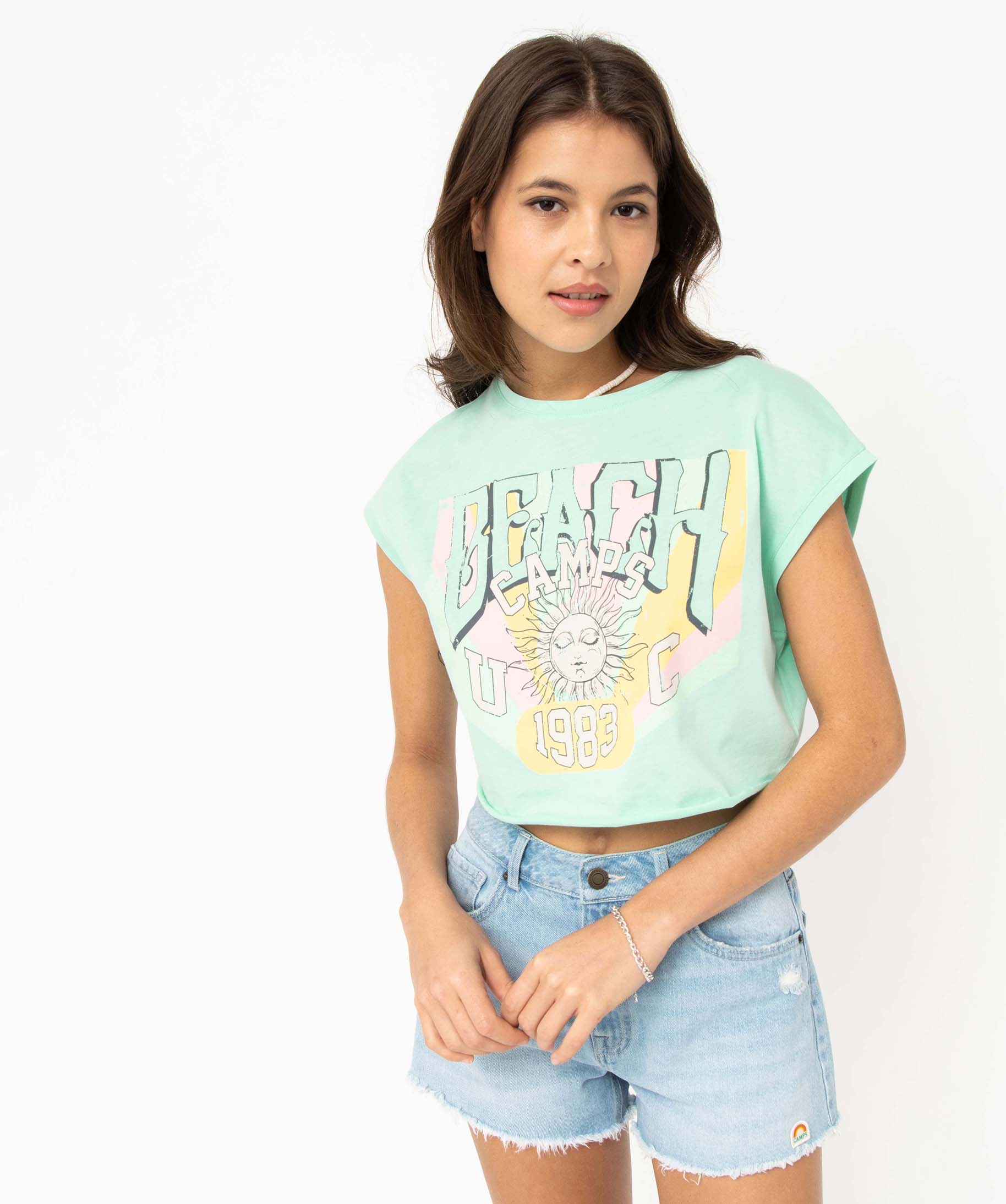 Tee-shirt crop top sans manches femme - Camps United vert | GEMO