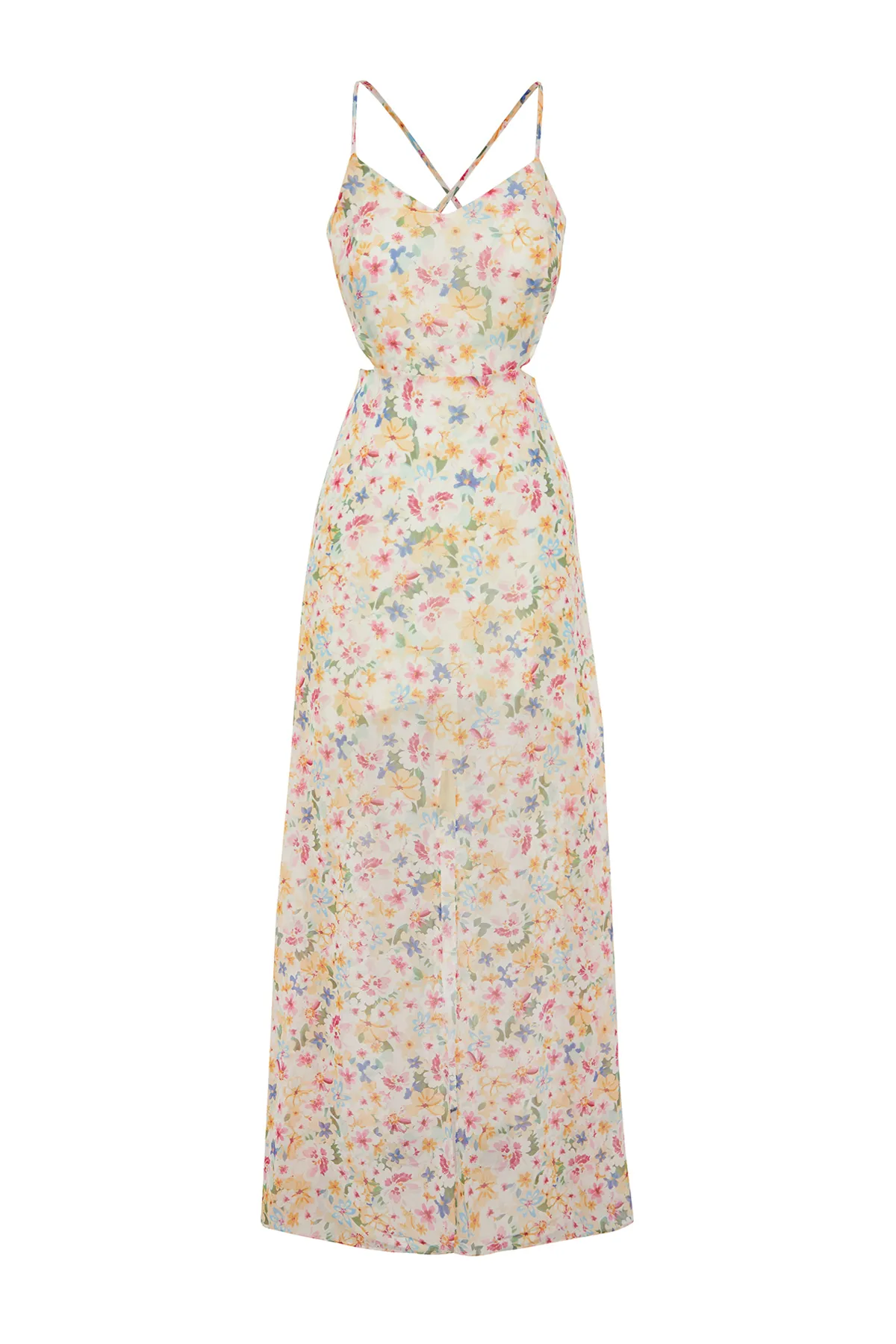 Trendyol Collection  Rosa A-Linien-gefüttertes Maxi-Webkleid mit Fensterausschnitt/Ausschnitt und detailliertem Blumendruck TWOSS20EL1270