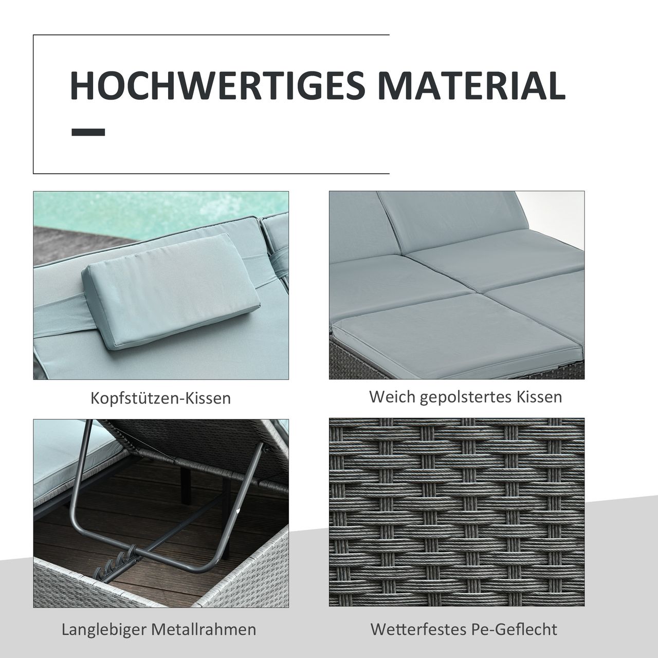 Outsunny Poly Rattan Doppelliege Sonnenliege für 2 Personen mit Sonnendach Gartenliege Stahl Polyester Grau 196 x 137 x 36,5 cm