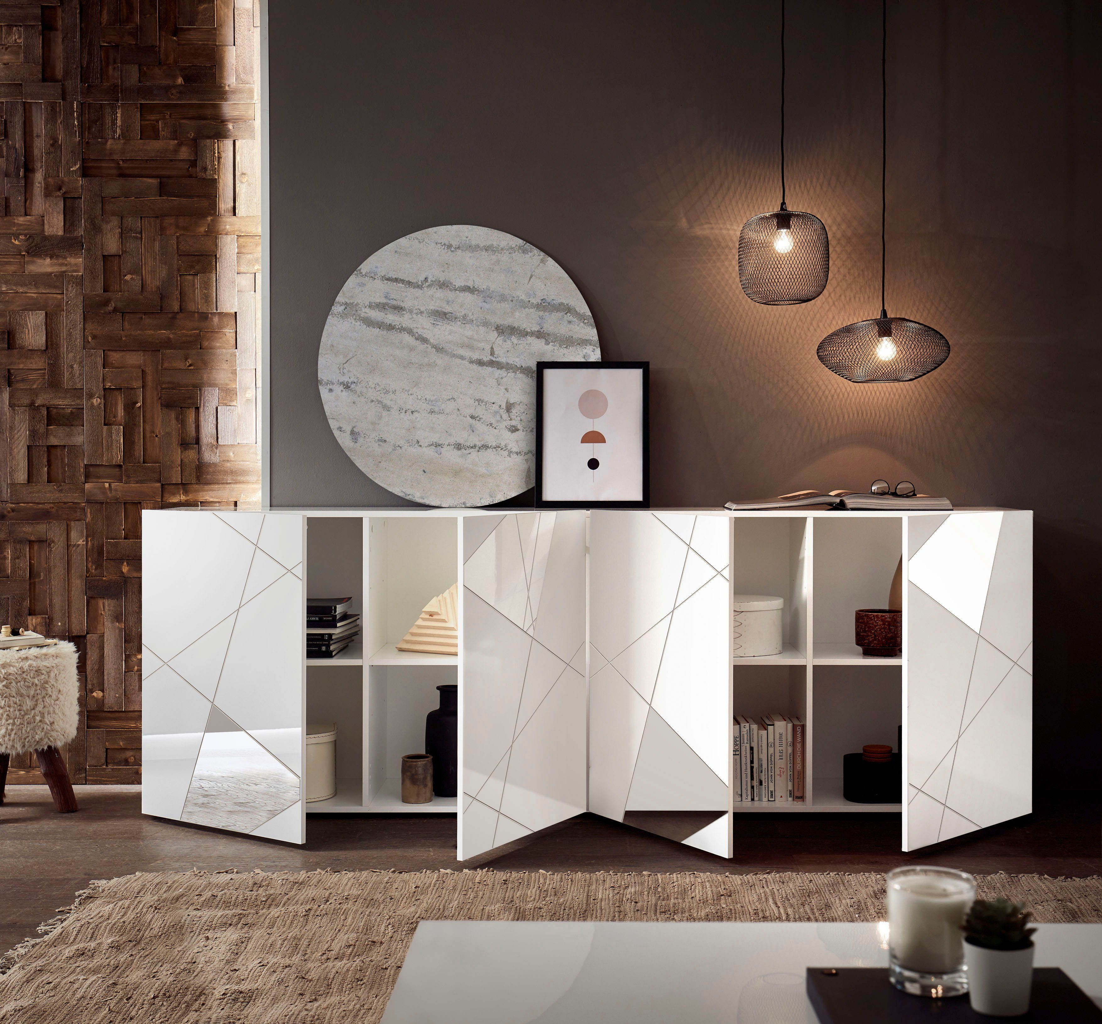 LC Sideboard Vittoria, Breite 241 cm, Front mit Siebdruck und Spiegelfront