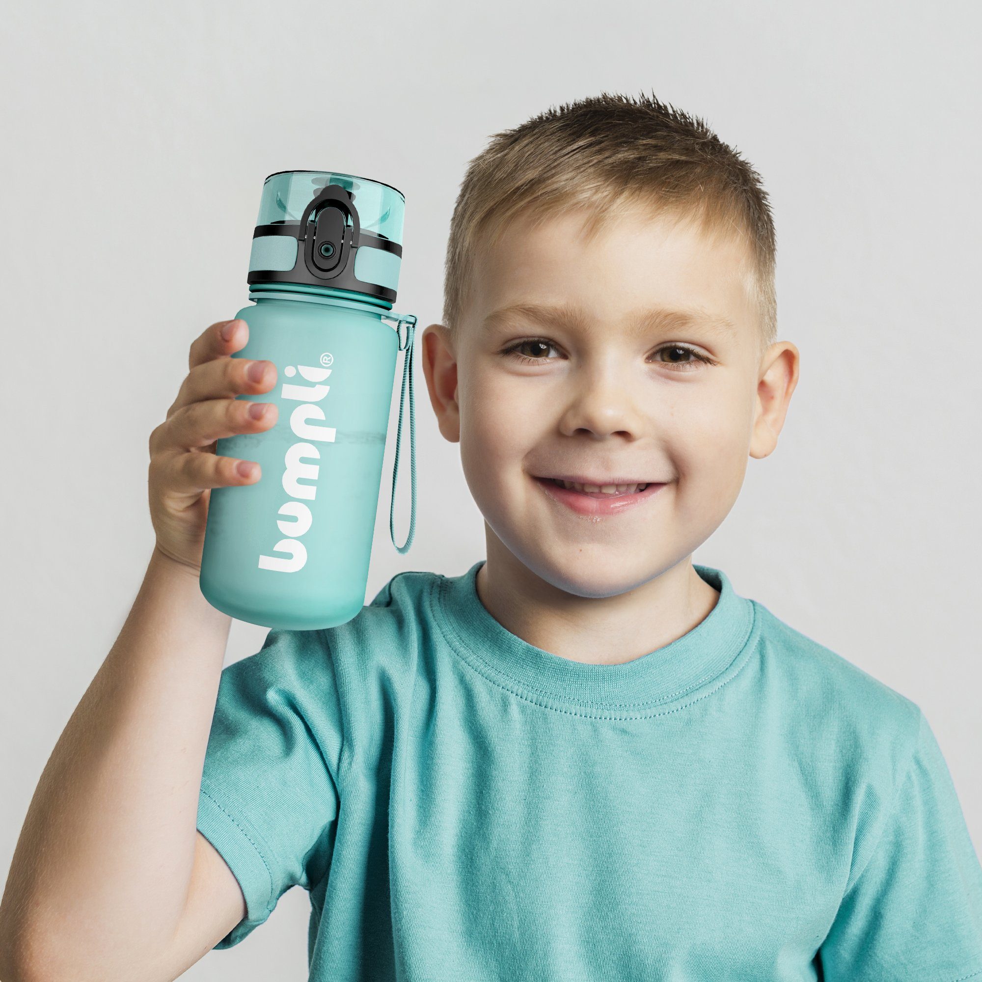 bumpli® Trinkflasche Kinder Trinkflasche 350ml (softTouch) Wasserflasche, Sportflasche, BPA-frei, auslaufsicher, Handschlaufe & 1-Klick-Verschluss