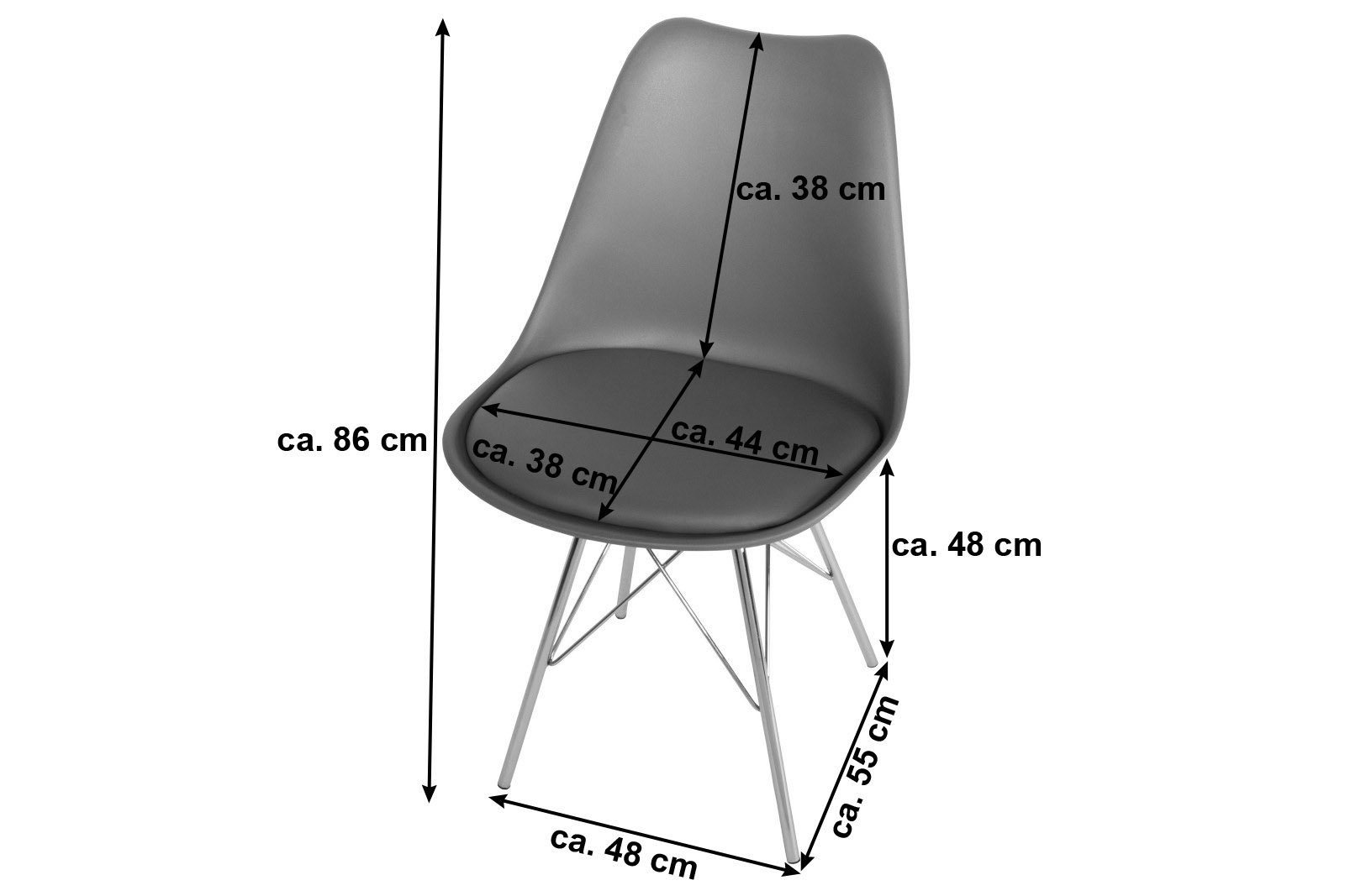 Junado® Schalenstuhl Lekues, Integriertes Kunstleder-Sitzkissen, Stuhl mit Gestell aus Chrom