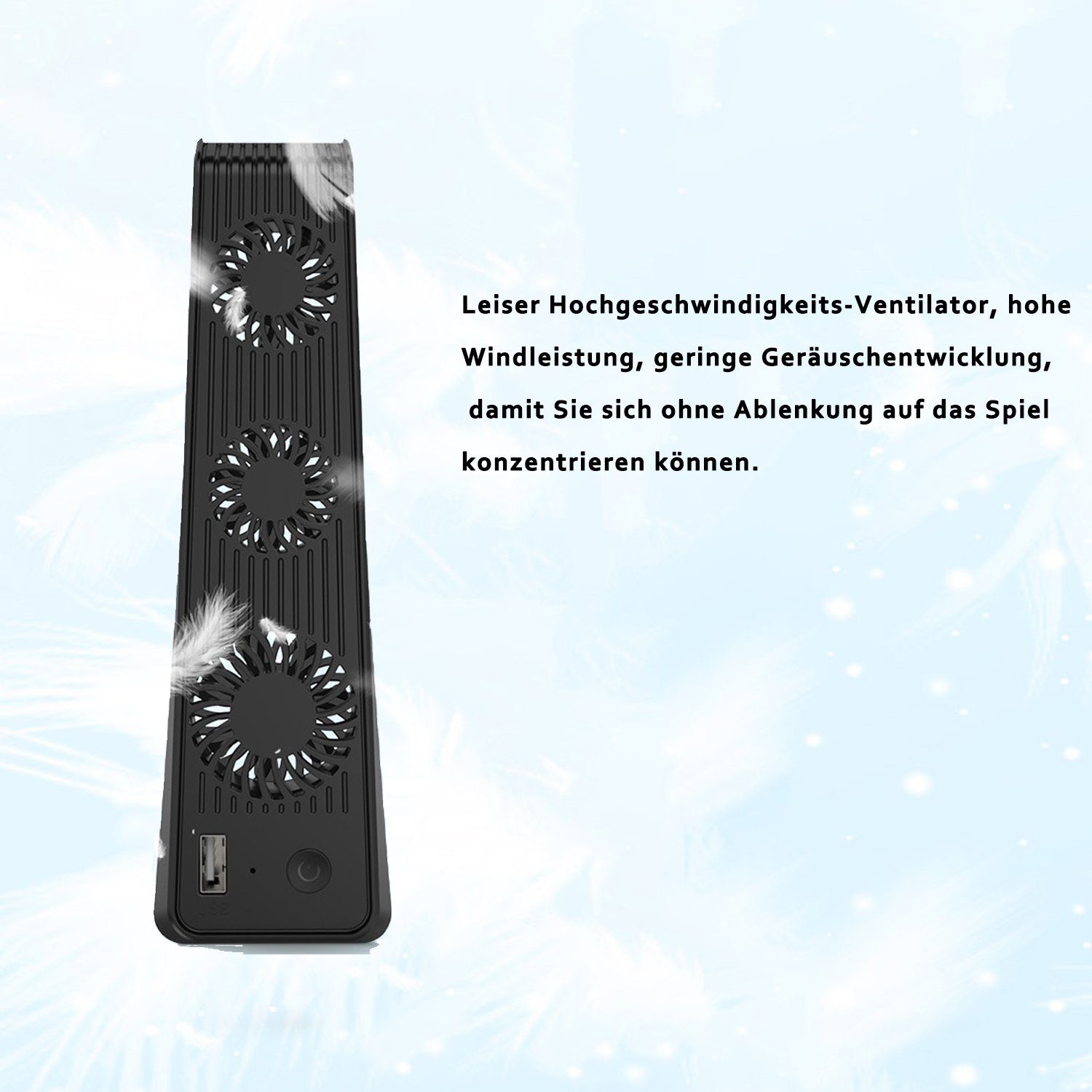 KINSI PS5 Mainframe-Kühlgebläse, PS5 Cooling Lüfter, mit externem PlayStation-Controller (USB-Anschluss und 3 Ventilatoren, Temperaturkontrolle für PS5, Schwarz)