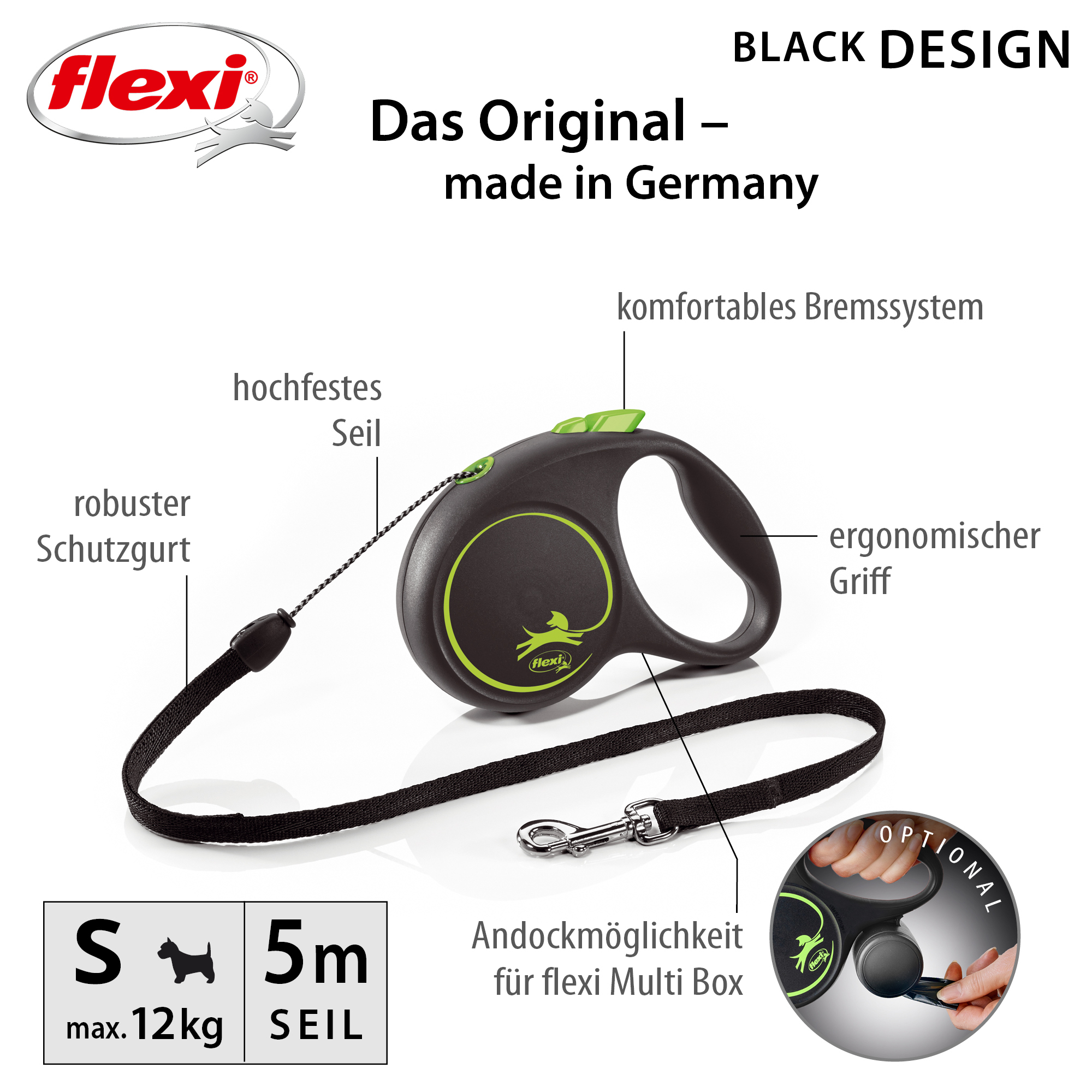 Flexi Hundeleinen Flexi Black Design Seil grün S, 5 m, 12 kg