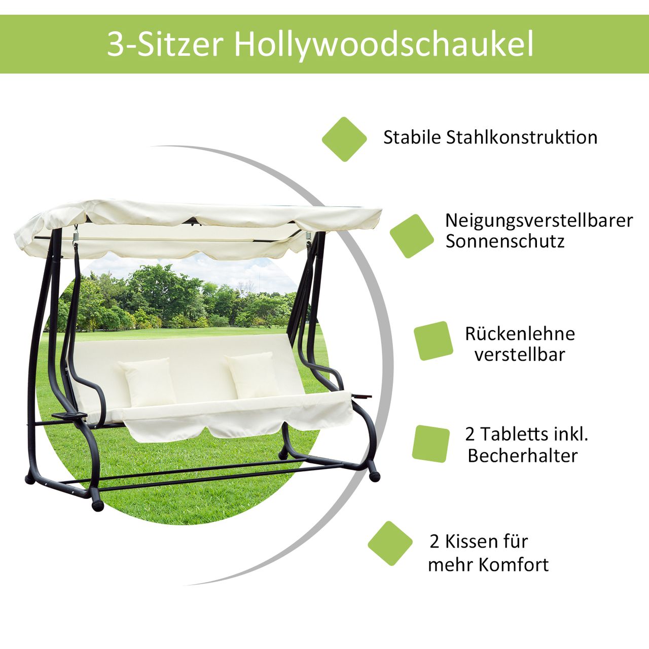 Outsunny Hollywoodschaukel Gartenschaukel 3-Sitzer Liegefunktion Stahl 2 Farben