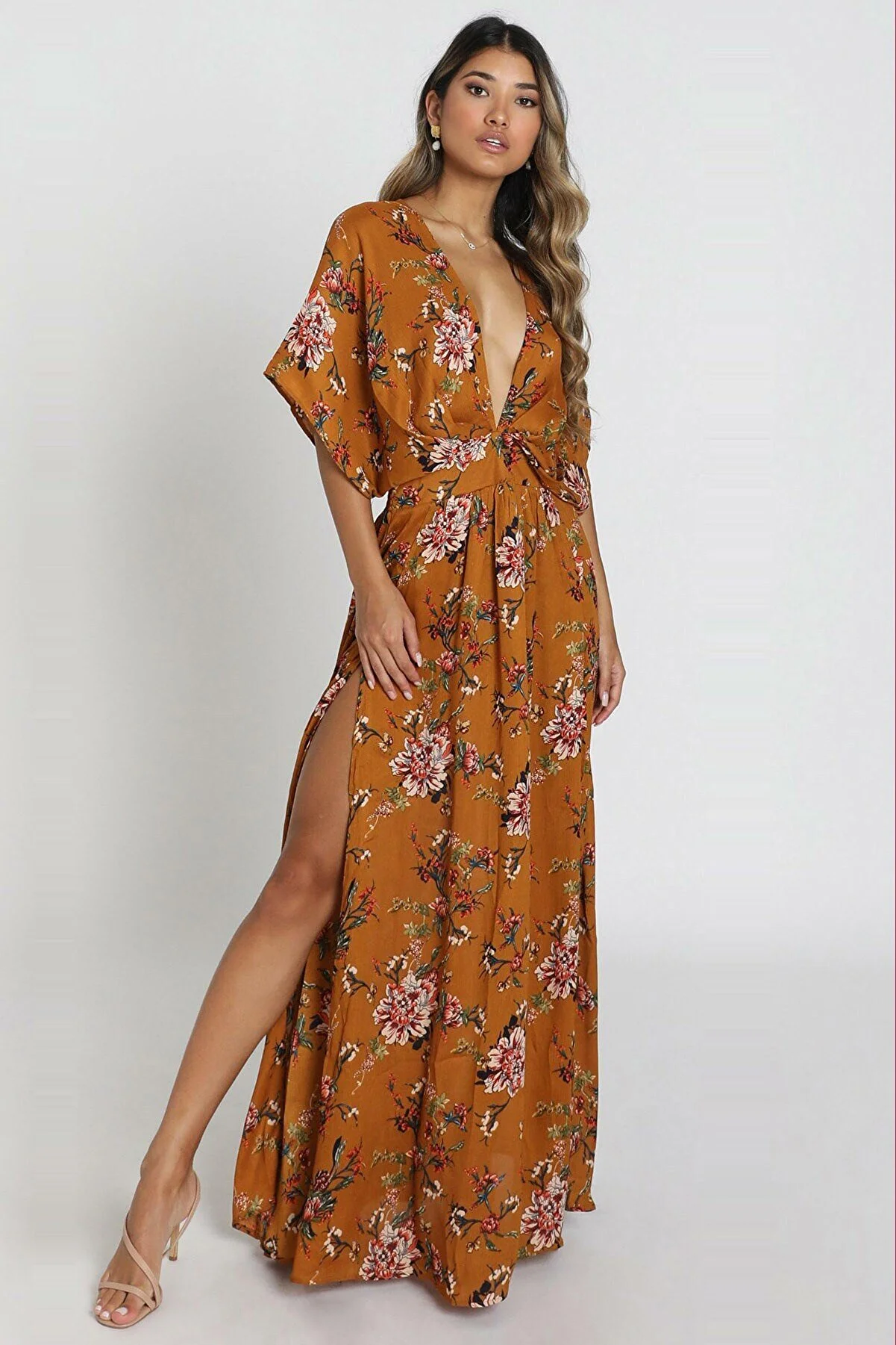Madmext  Langes Kleid mit Senfmuster und Schlitz und detailliertem Muster Mg1698