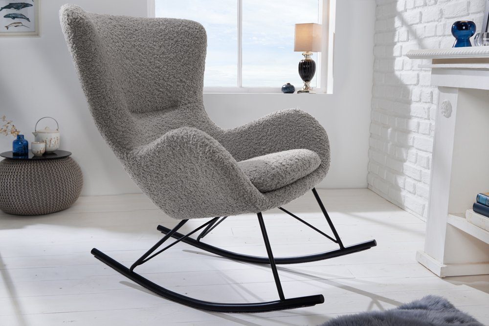riess-ambiente Schaukelstuhl SCANDINAVIA SWING hellgrau / schwarz (Einzelartikel, 1 St), Wohnzimmer · Bouclé · Metall · Teddystoff · Schlafzimmer
