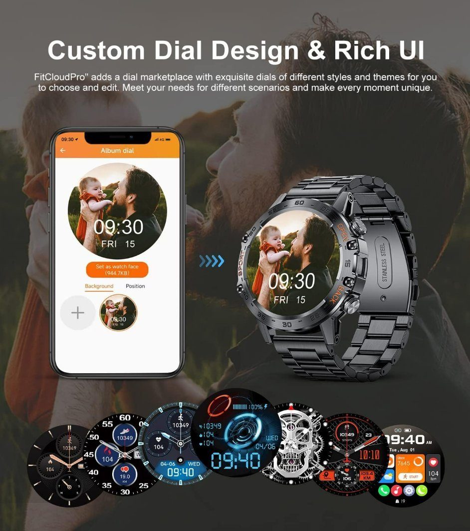 Lige Smartwatch (Android iOS), Herren Mit Telefonfunktion Rund Blutdruck Wasserdicht Men