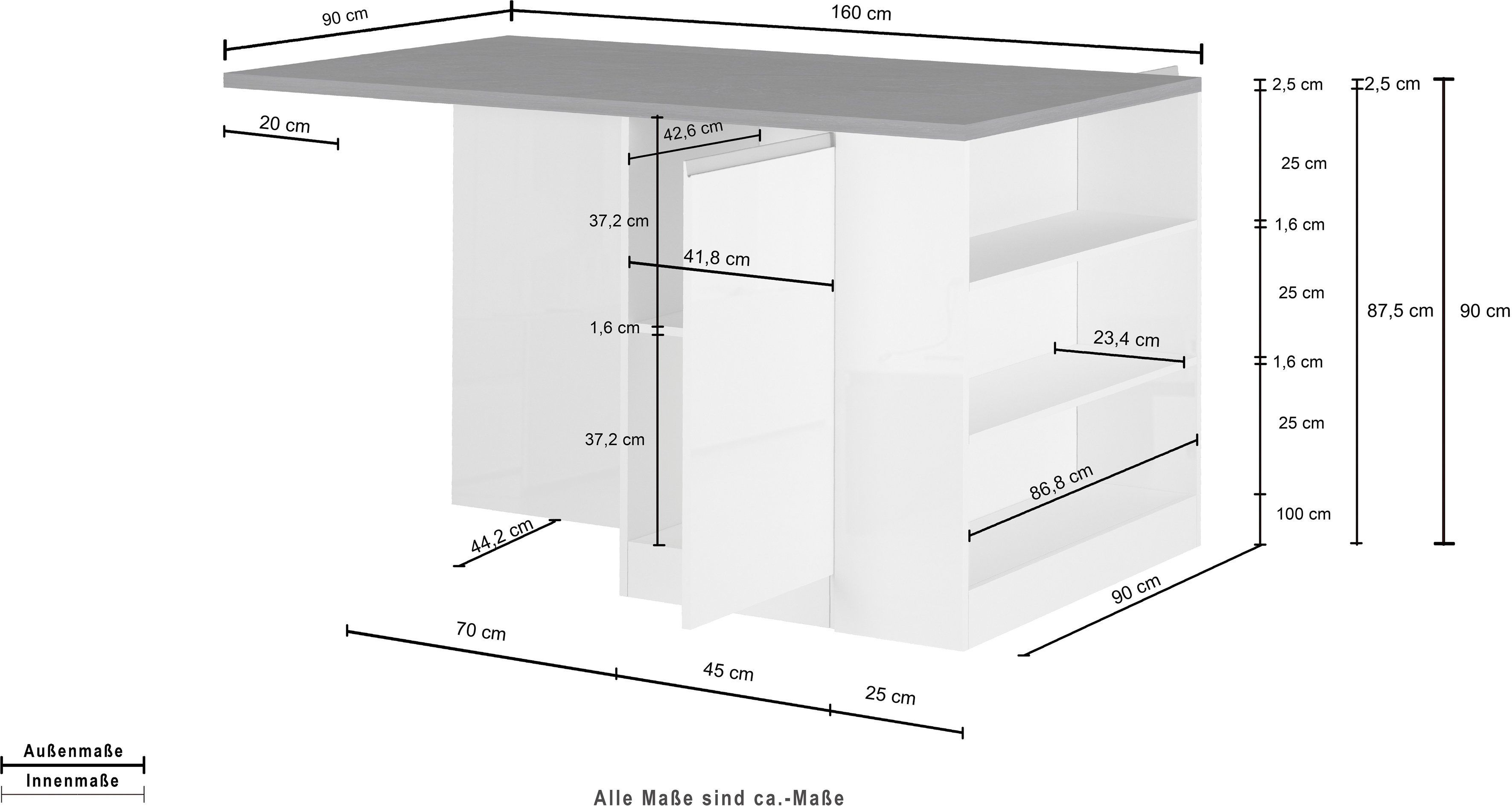 Tecnos Küche Sole, Breite 160 cm, 2 Türen, 4 offene Fächer