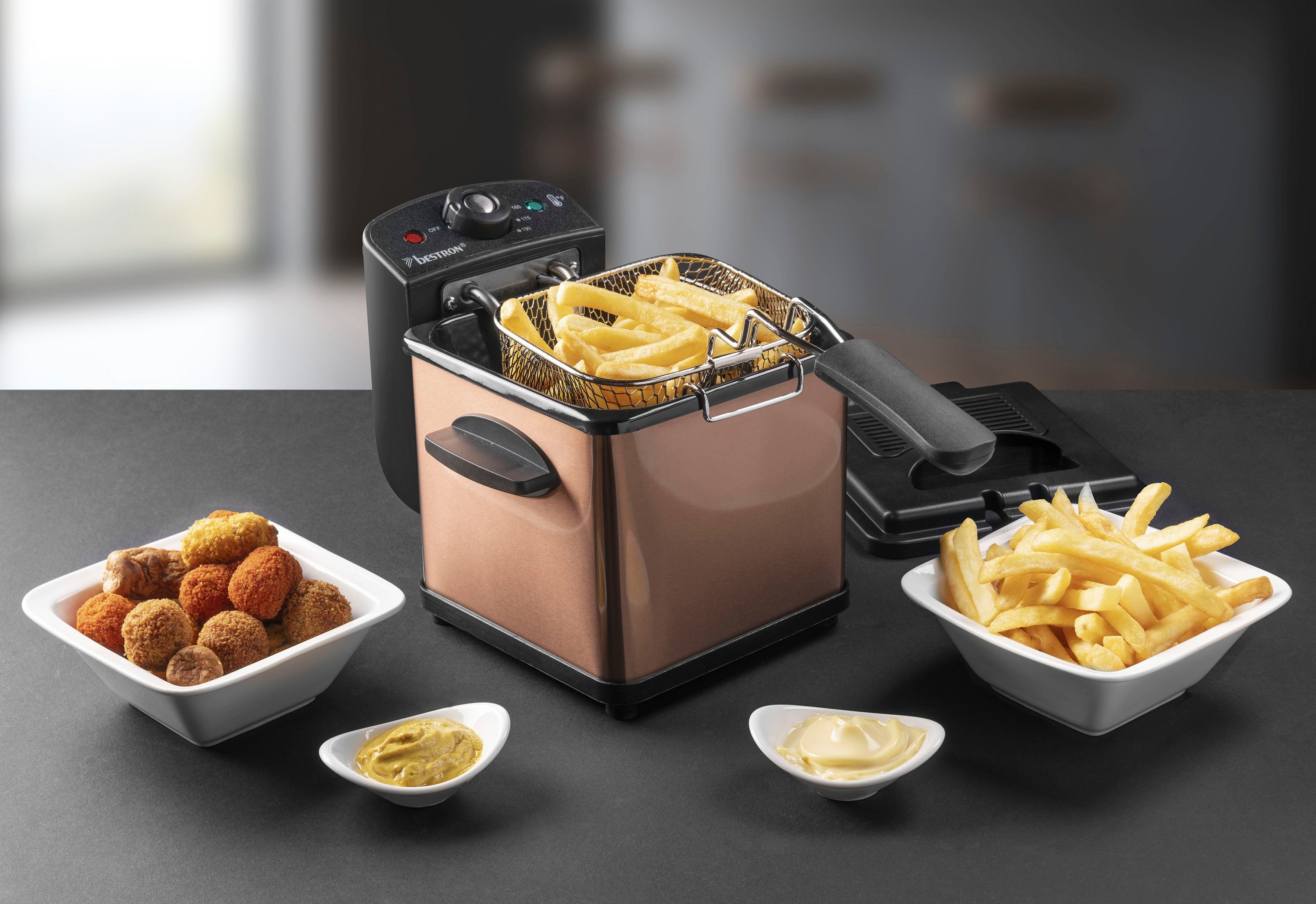 bestron Fritteuse AF100CO, kleine Fritteuse mit Edelstahl-Korb für eine Portion, 1000 W, Kaltzonentechnologie, Temperaturkontrolle bis 190°C, Ölfilter