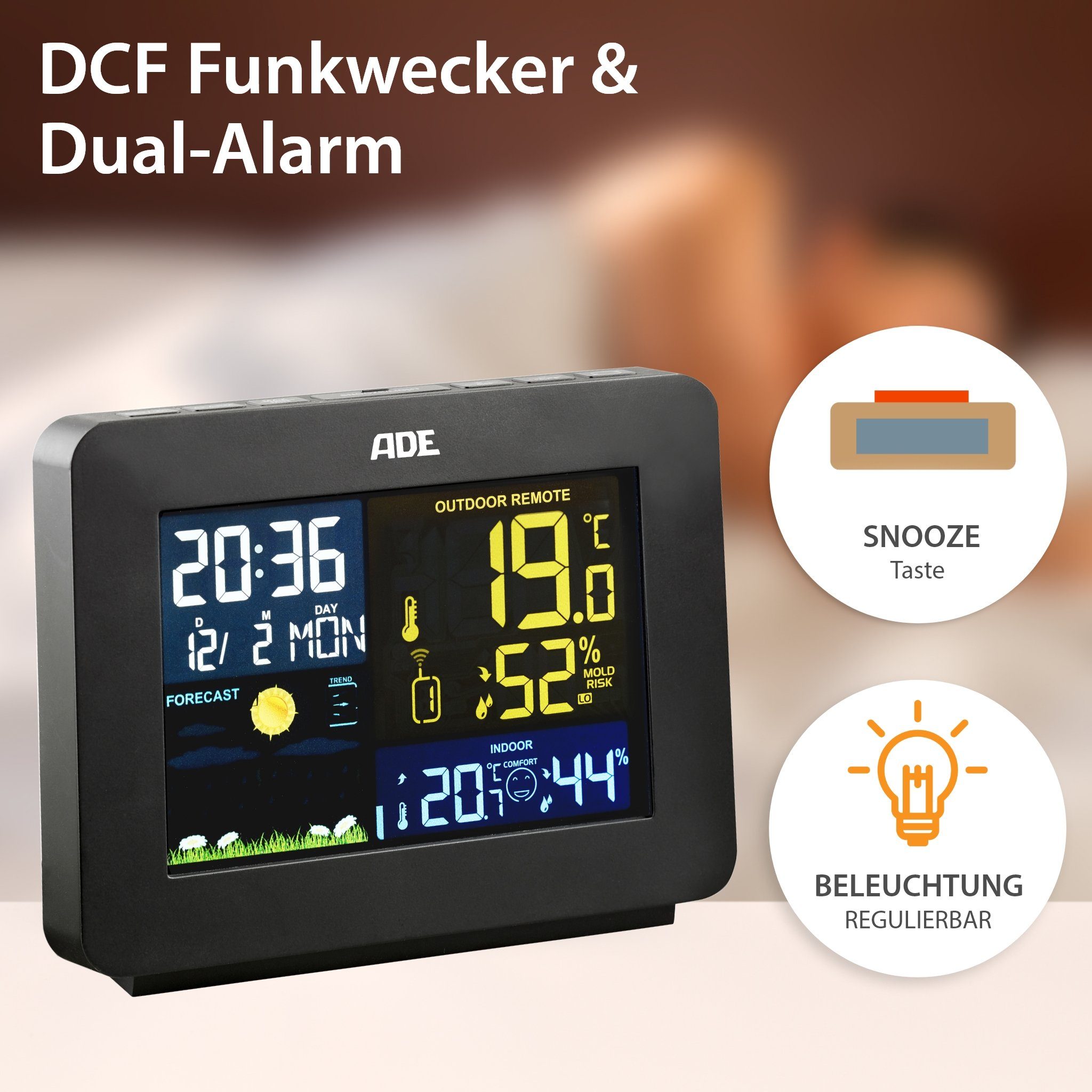 ADE Wetterstation Funk mit Außensensor, mit Vorhersage Funkwetterstation (mit Außensensor, mit animierter Wettervorhersage, Innen- und Außenhygrometer)