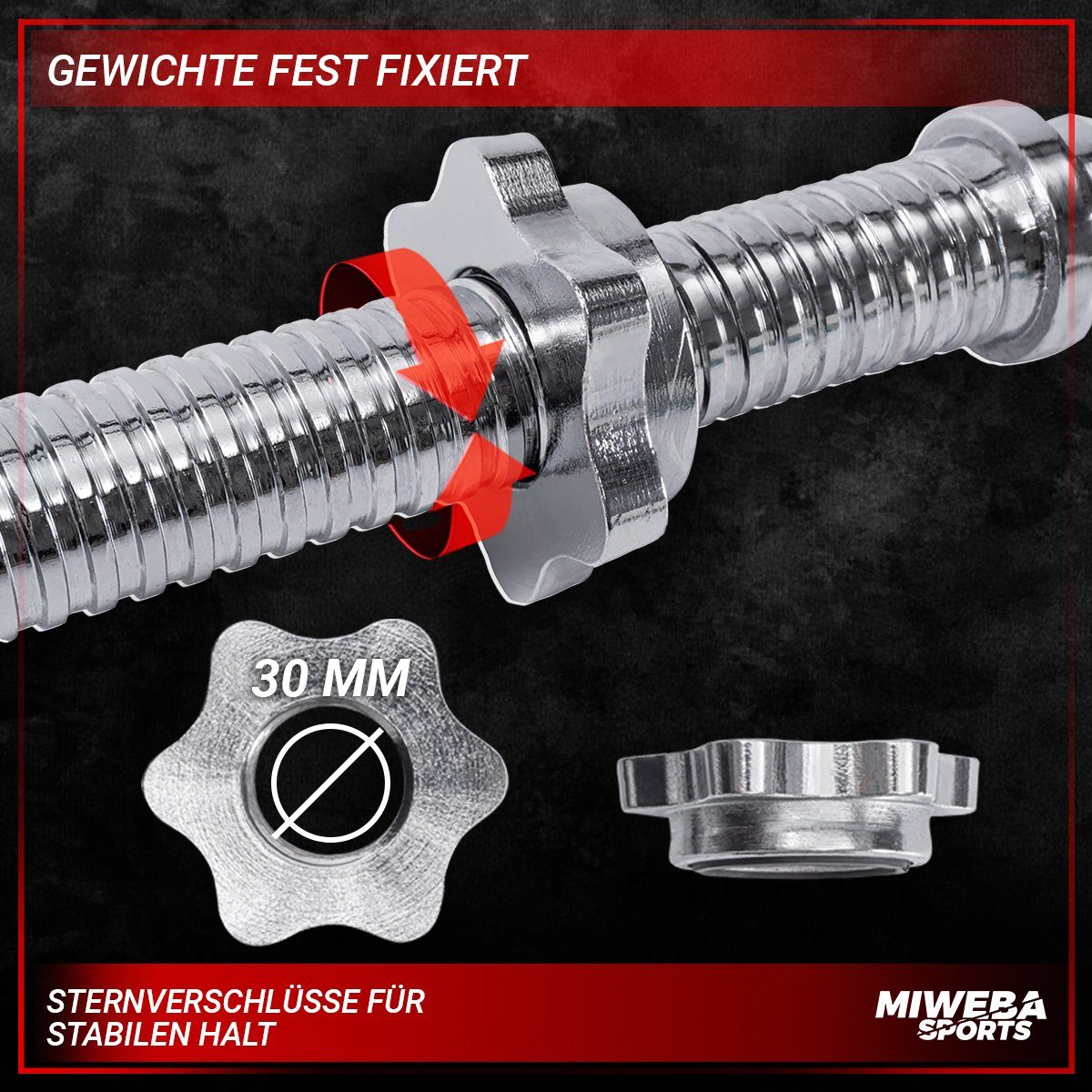 Miweba Sports SZ-Curlstange Profi SZ-Stange CS100 inkl. Sternverschlüsse, Stahl, 120,00 cm (30mm, 120.0 x 6.7 x 6.7 cm, 230 kg max. Belastung, Stahl, geriffelt, gelenkschonend, Anti-Rutsch, Curlstange, SZ Hantelstange, Workout, Training, Ganzkörpertr