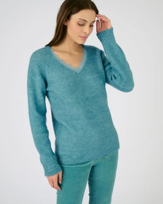 Pull mélange mohair col dentelle