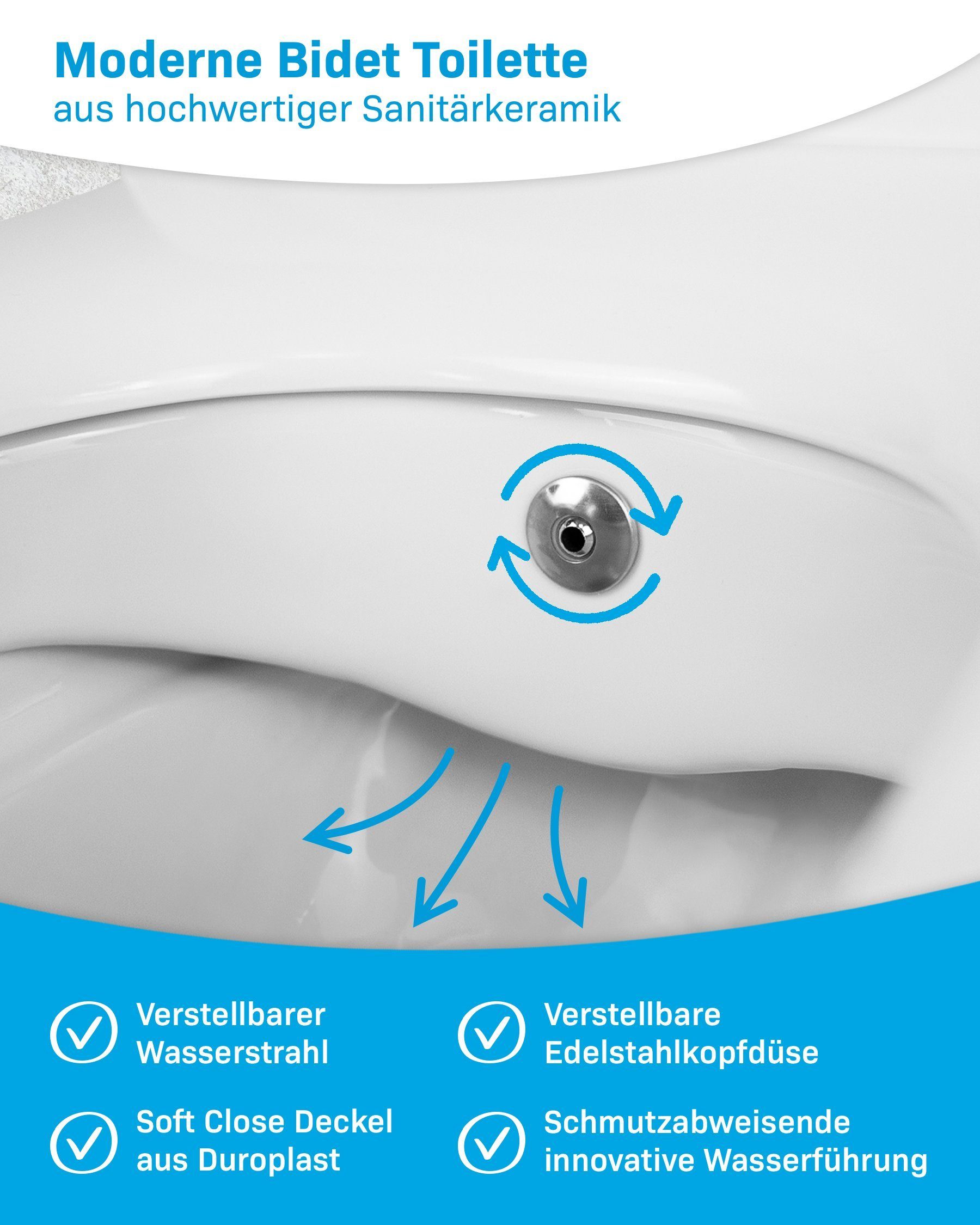 Alpenberger Tiefspül-WC - Spülrandloses WC mit Bidet Funktion und Einhebelarmatur - Hänge WC, Wandmontage, Abgang Waagerecht, Toilette Komplett Set Passend zu Geberit, Dusch WC - Taharet WC - Made in EU